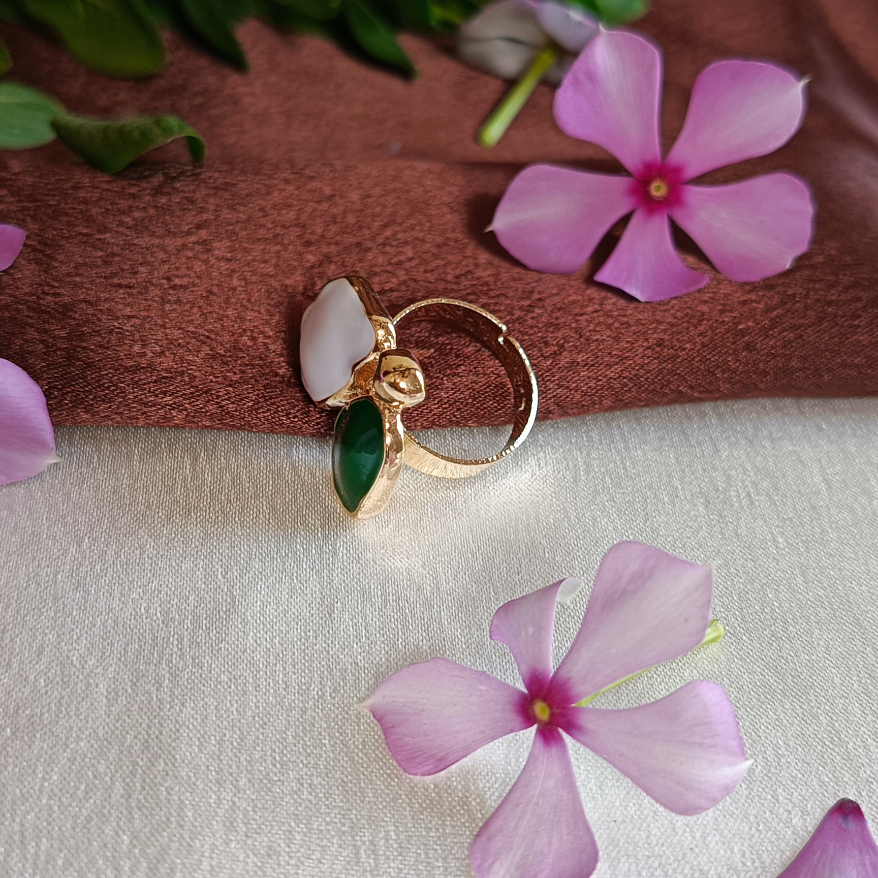 JJ Gold-Plated Dual Stone Ring in White & Green