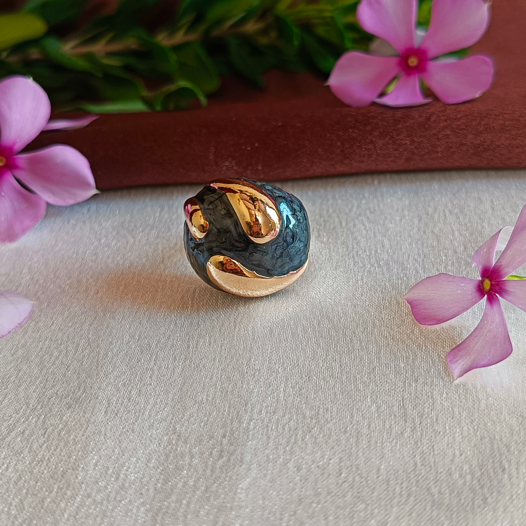 JJ Gold-Plated Black Enamel Abstract Dome Ring