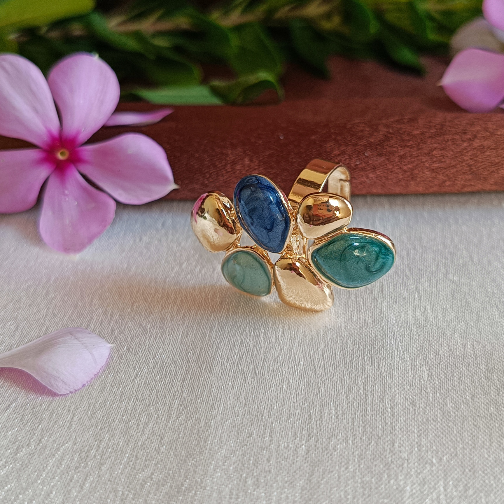 JJ Gold-Plated Multi-Stone Ring in Blue & Teal Tones