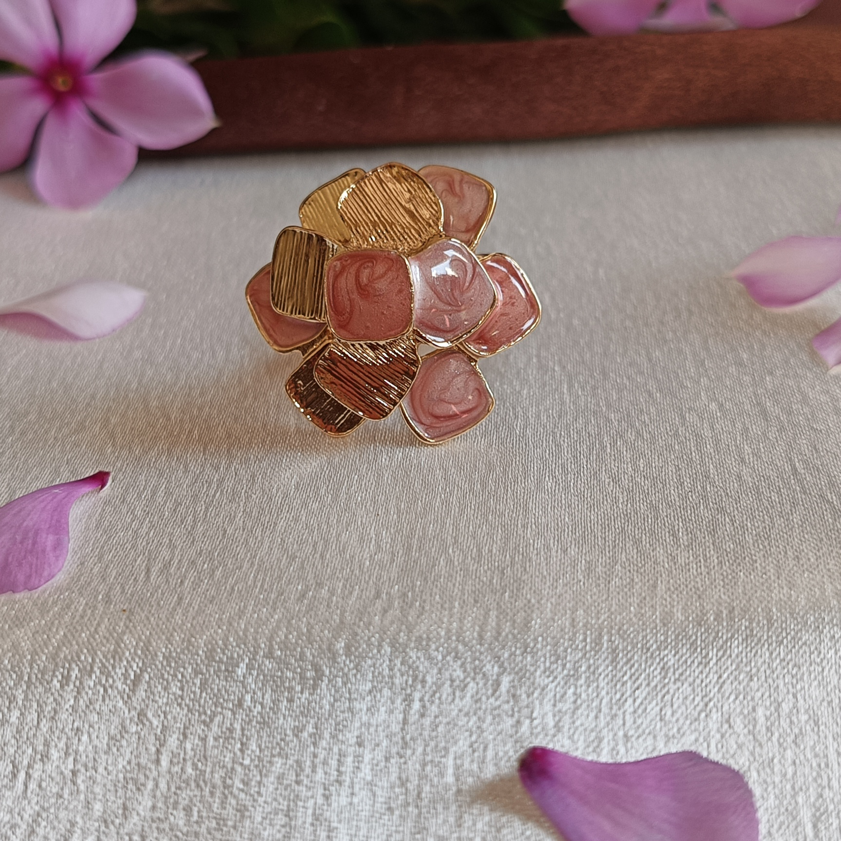 JJ Gold-Plated Pink Enamel Cluster Statement Ring