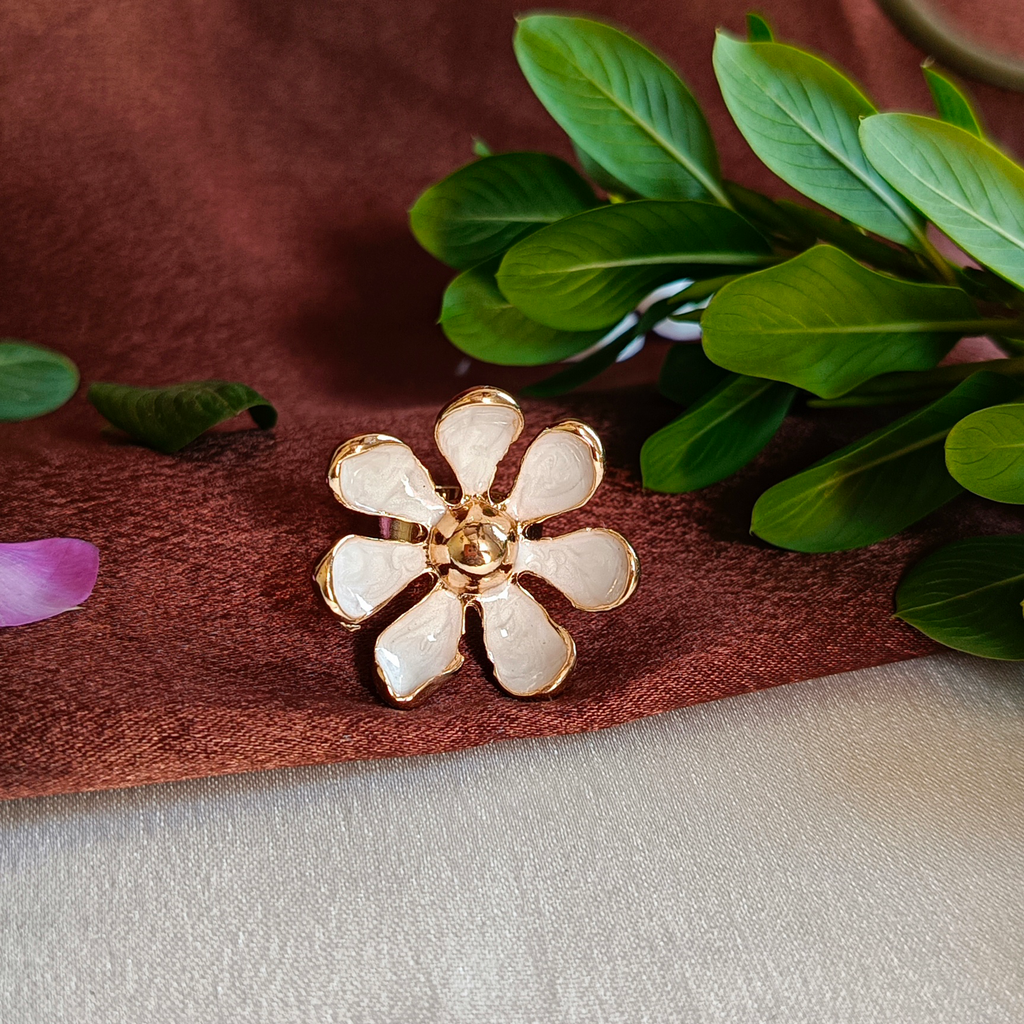 JJ Gold-Plated White Enamel Floral Statement Ring