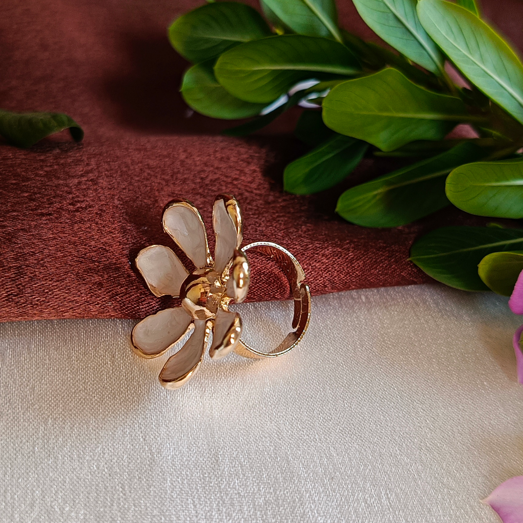JJ Gold-Plated White Enamel Floral Statement Ring