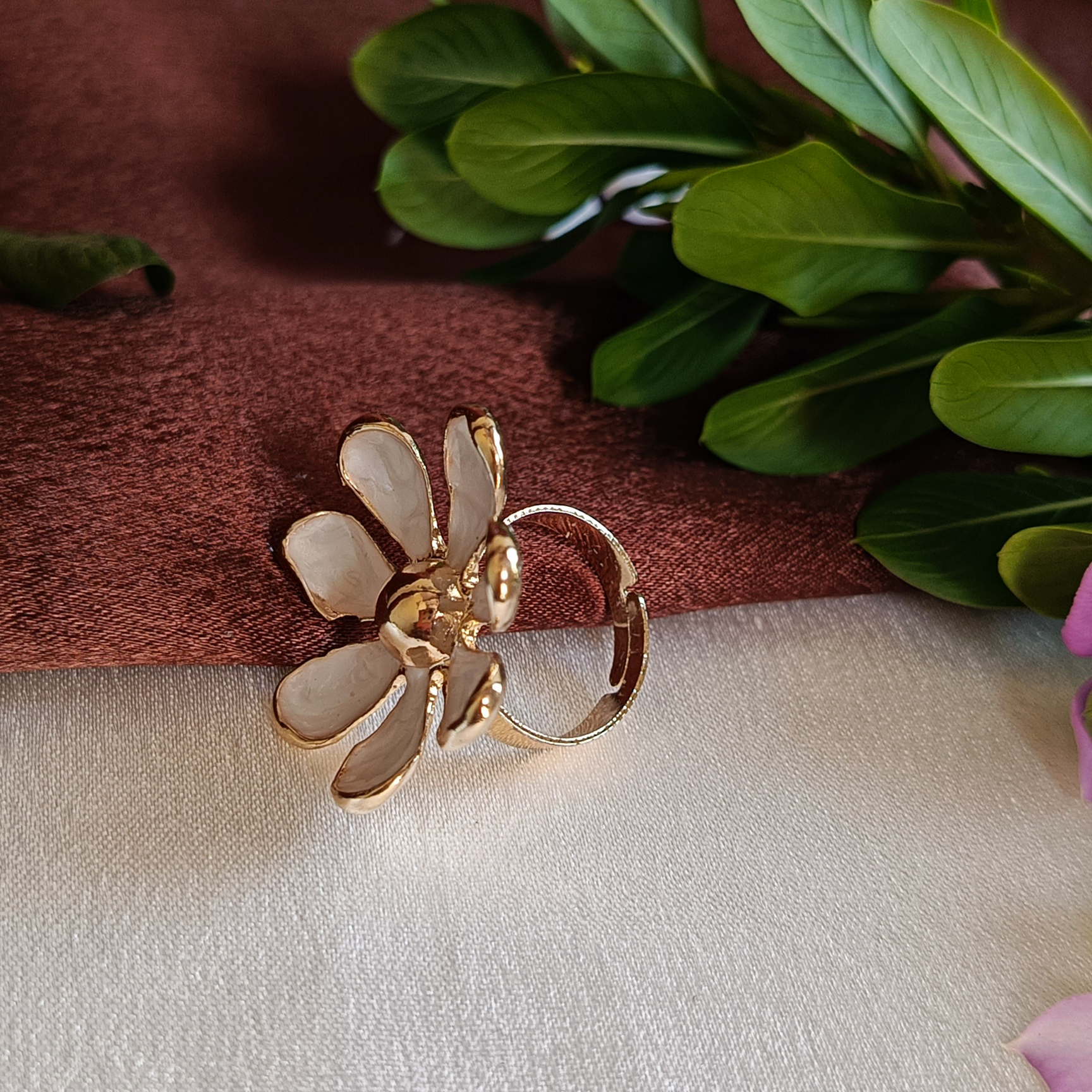 JJ Gold-Plated White Enamel Floral Statement Ring