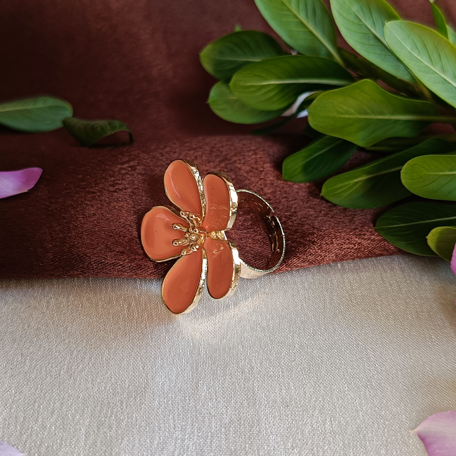 JJ Gold-Plated Peach Enamel Five-Petal Floral Ring