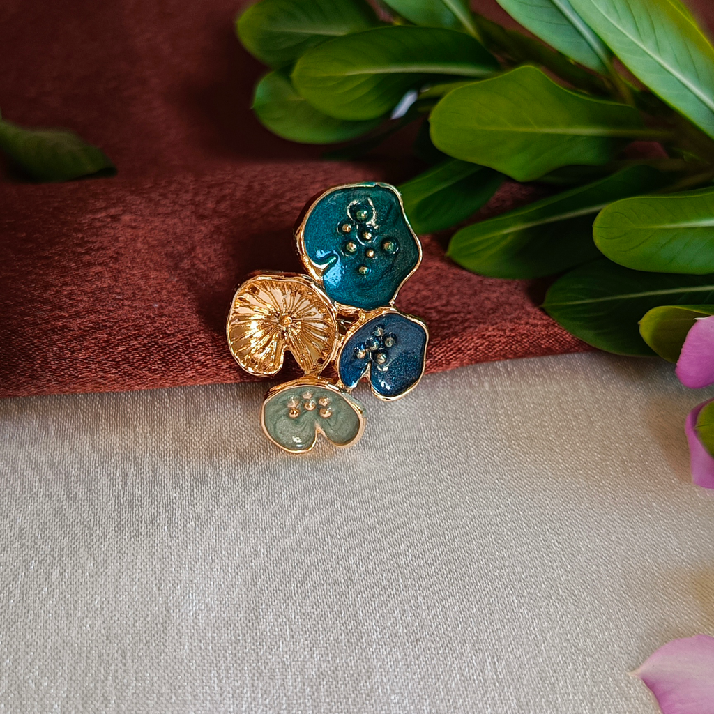 JJ Gold-Plated Teal Enamel Quad Floral Statement Ring