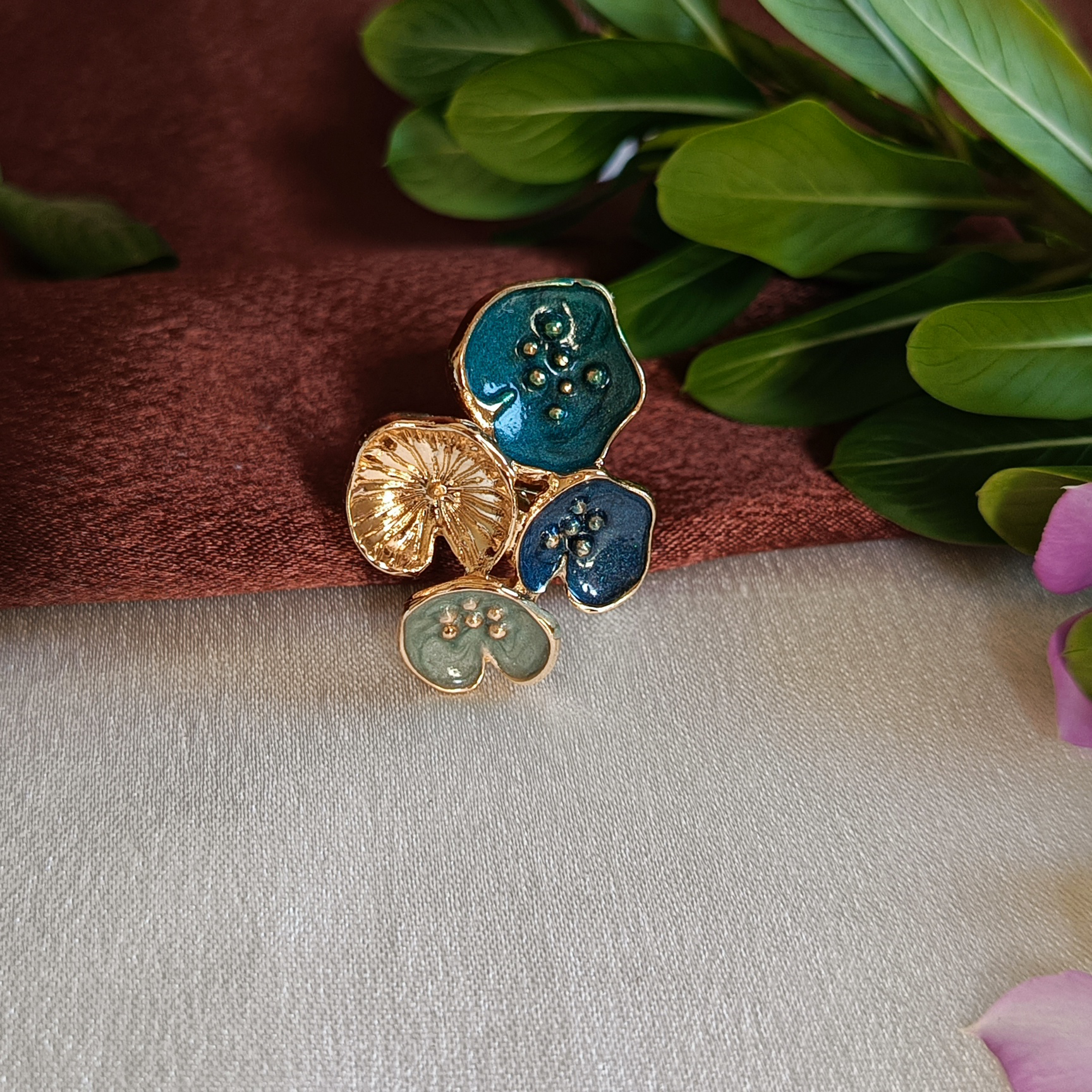 JJ Gold-Plated Teal Enamel Quad Floral Statement Ring