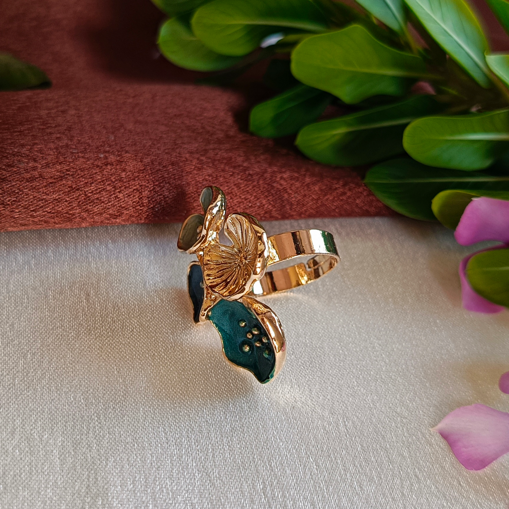 JJ Gold-Plated Teal Enamel Quad Floral Statement Ring
