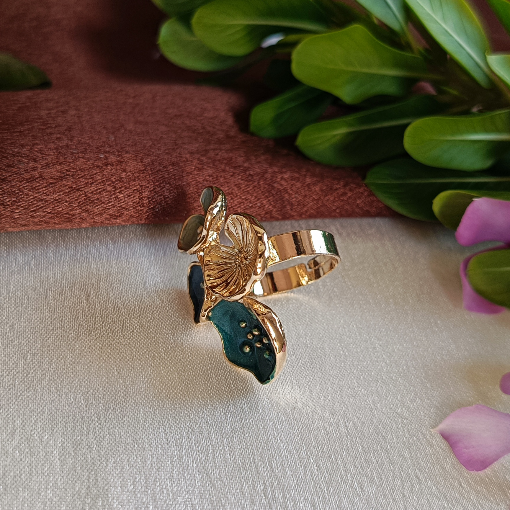 JJ Gold-Plated Teal Enamel Quad Floral Statement Ring