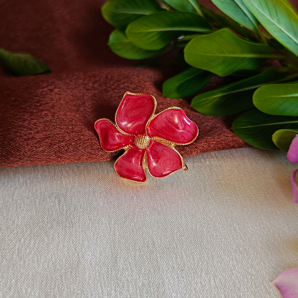JJ Gold-Plated Red Enamel Four-Petal Floral Ring