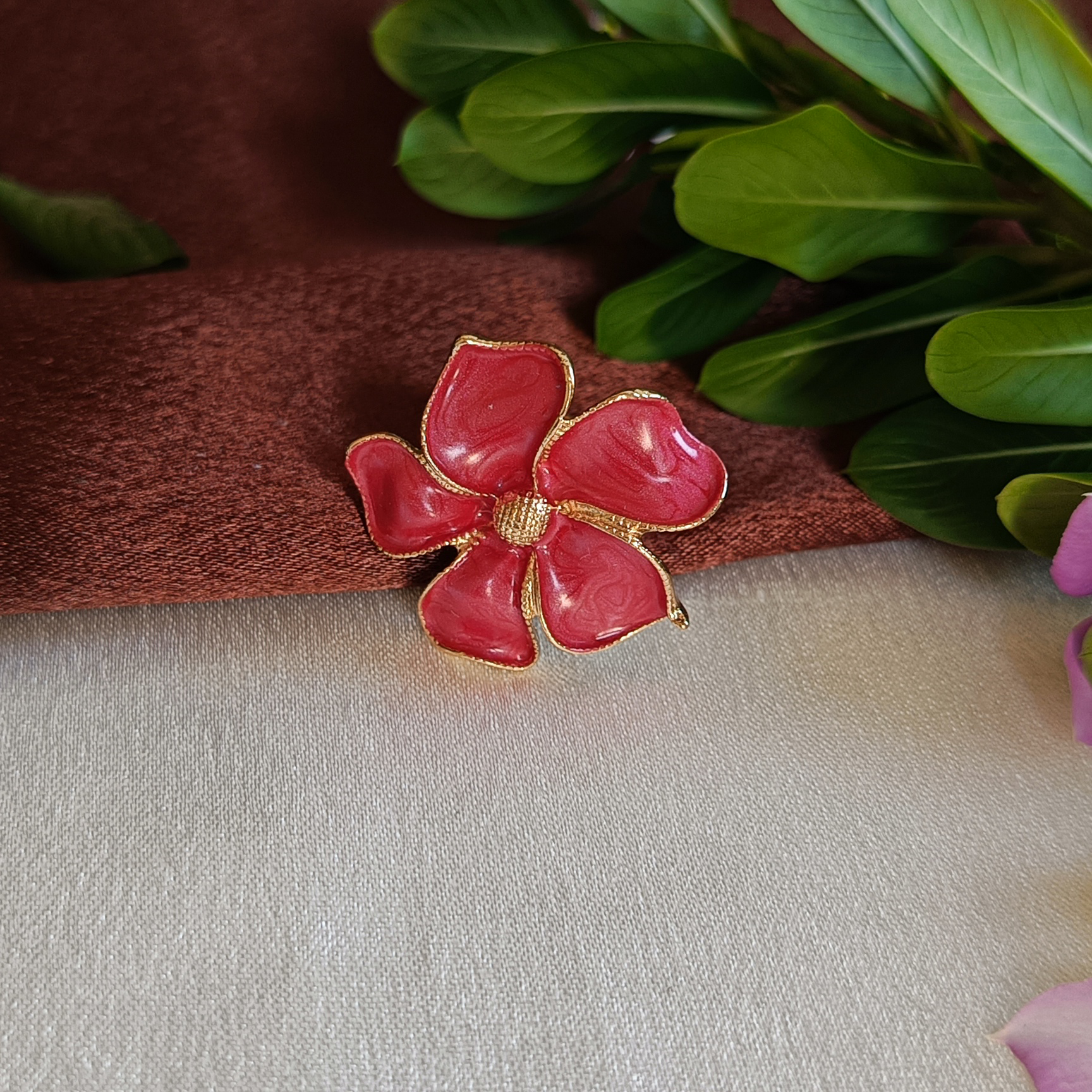 JJ Gold-Plated Red Enamel Four-Petal Floral Ring