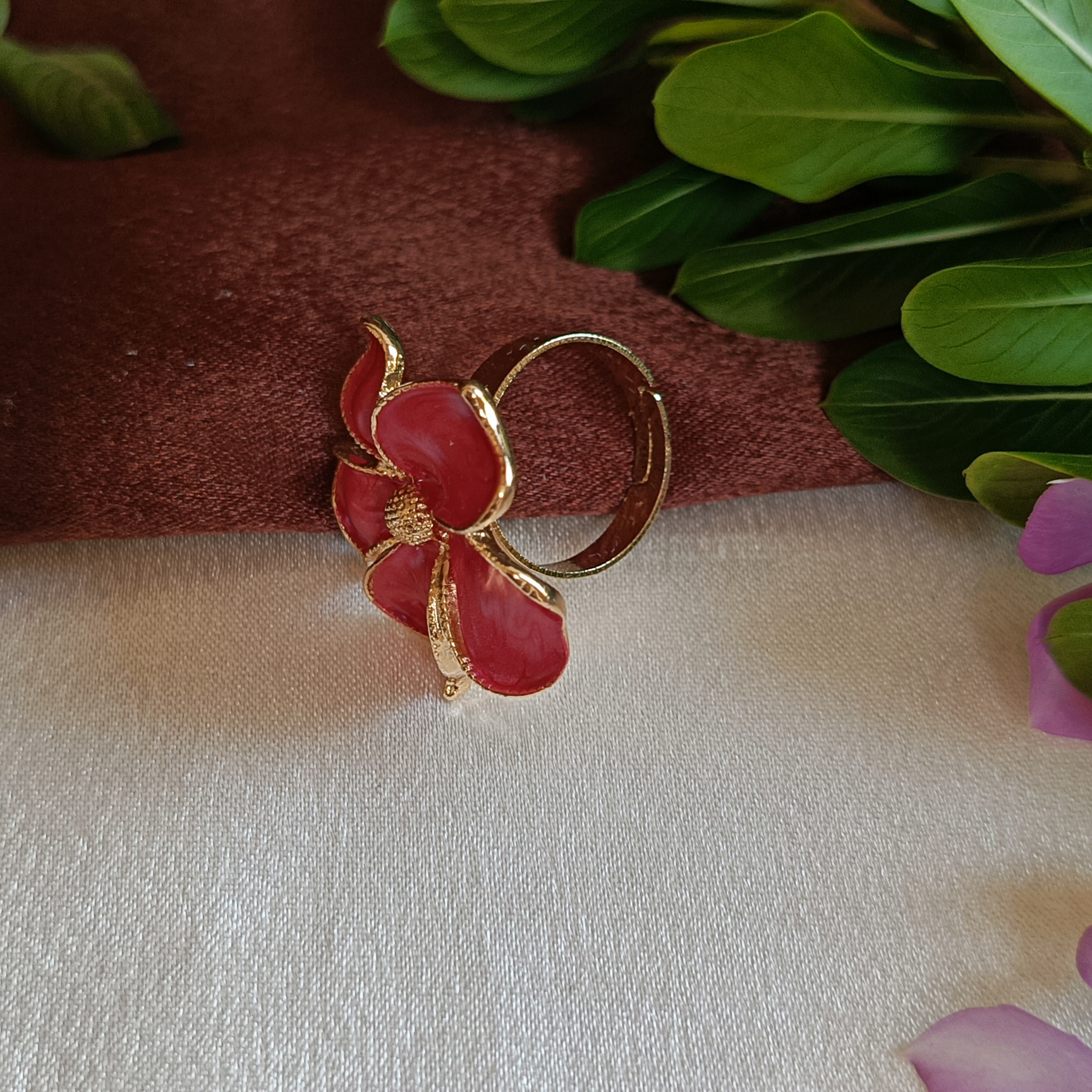 JJ Gold-Plated Red Enamel Four-Petal Floral Ring