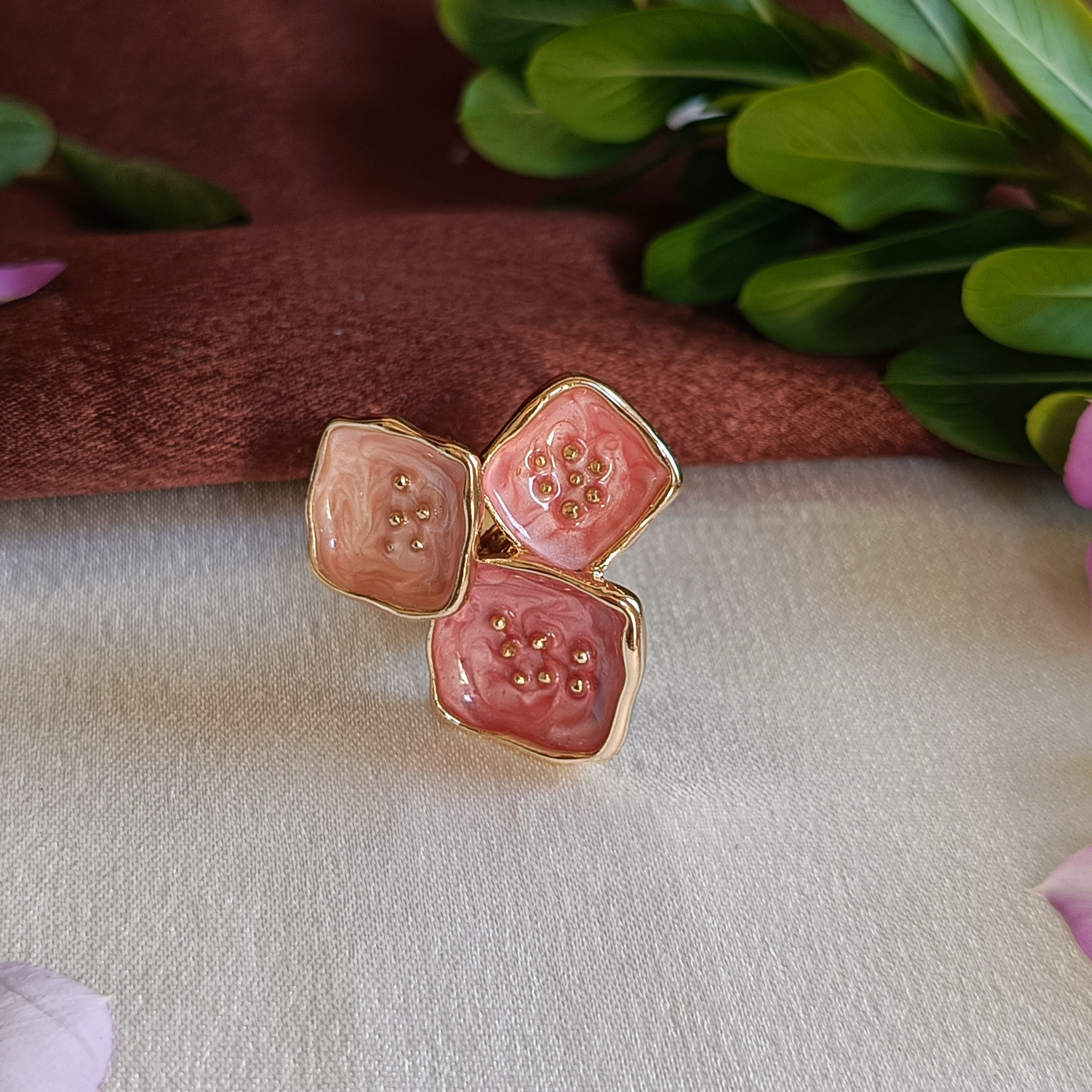 JJ Gold-Plated Pink Triple Stone Artistic Statement Ring