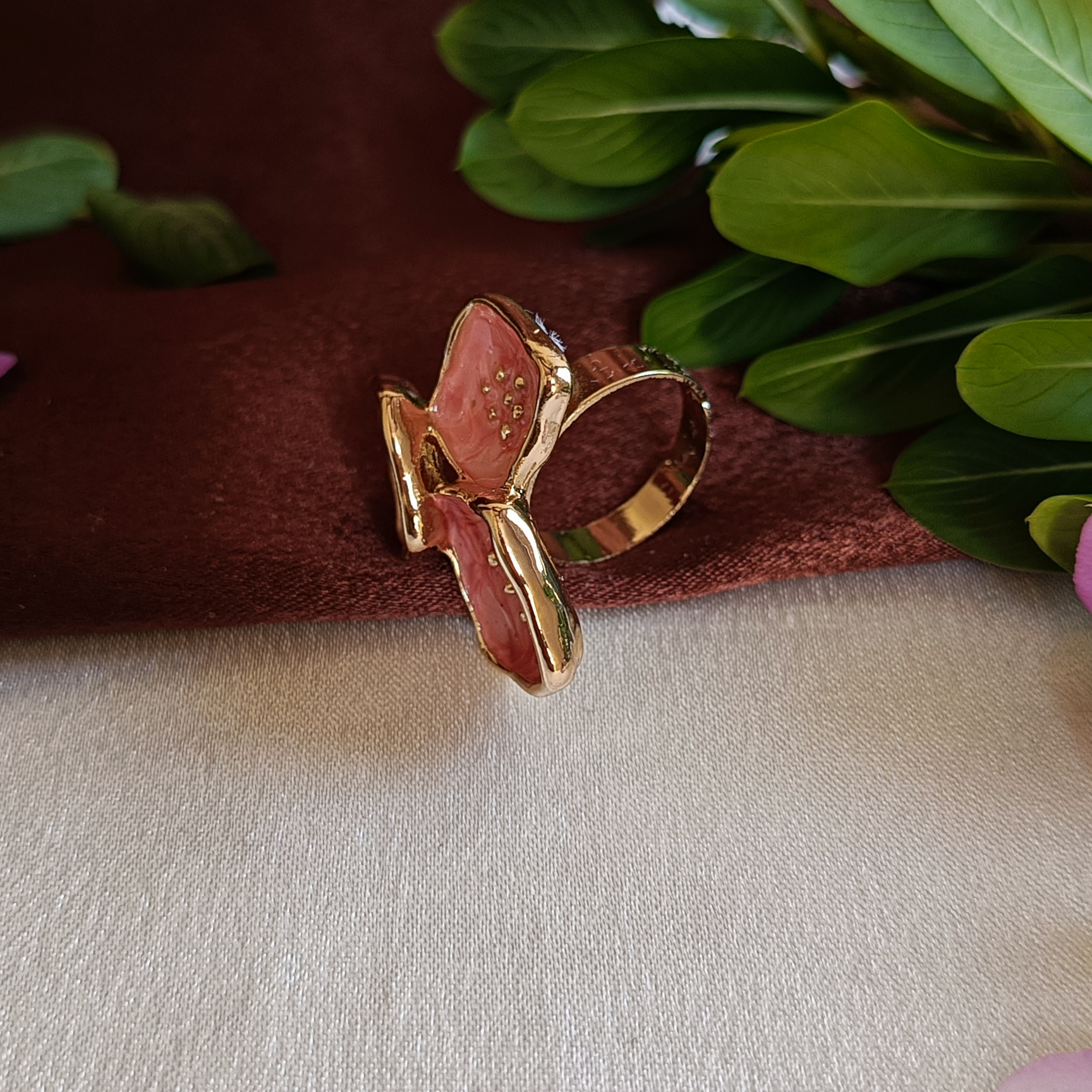 JJ Gold-Plated Pink Triple Stone Artistic Statement Ring