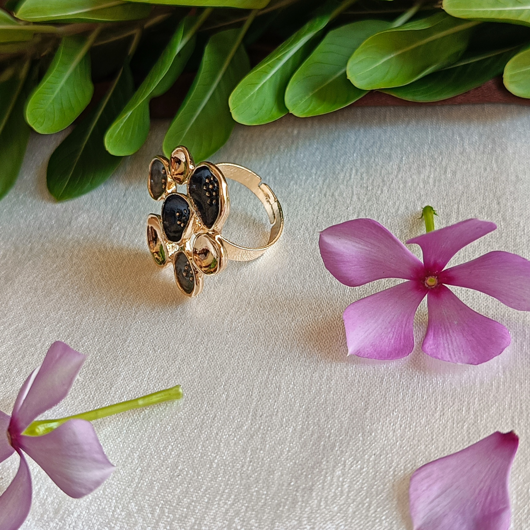 JJ Gold-Plated Black Enamel Floral Cluster Ring
