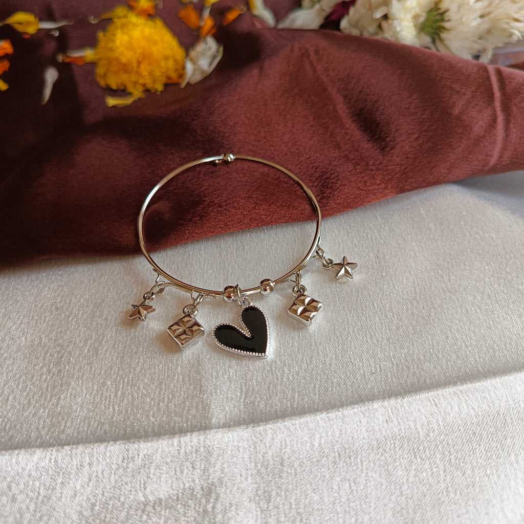 JJ Silver‑Tone Charm Bangle Black Heart