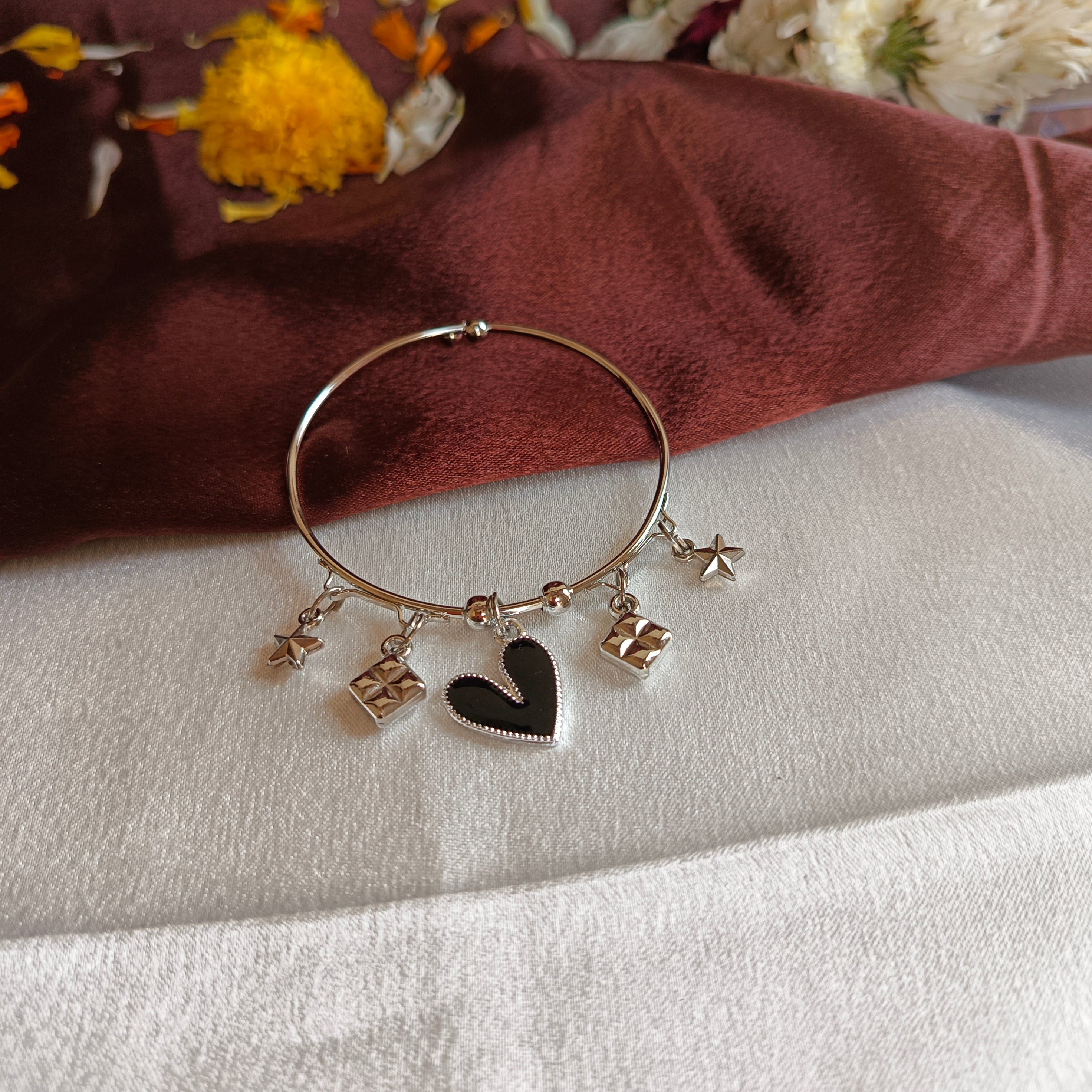 JJ Silver‑Tone Charm Bangle Black Heart