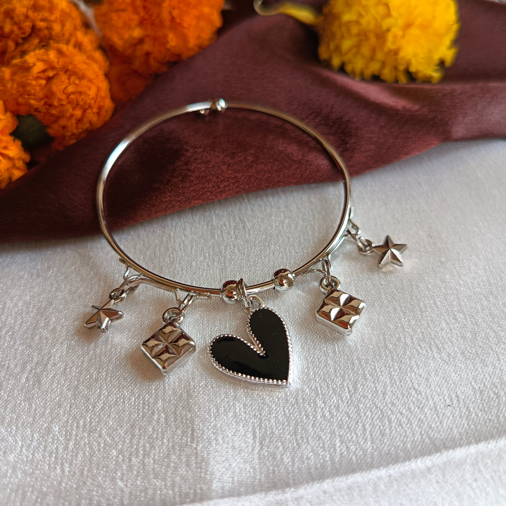 JJ Silver‑Tone Charm Bangle Black Heart