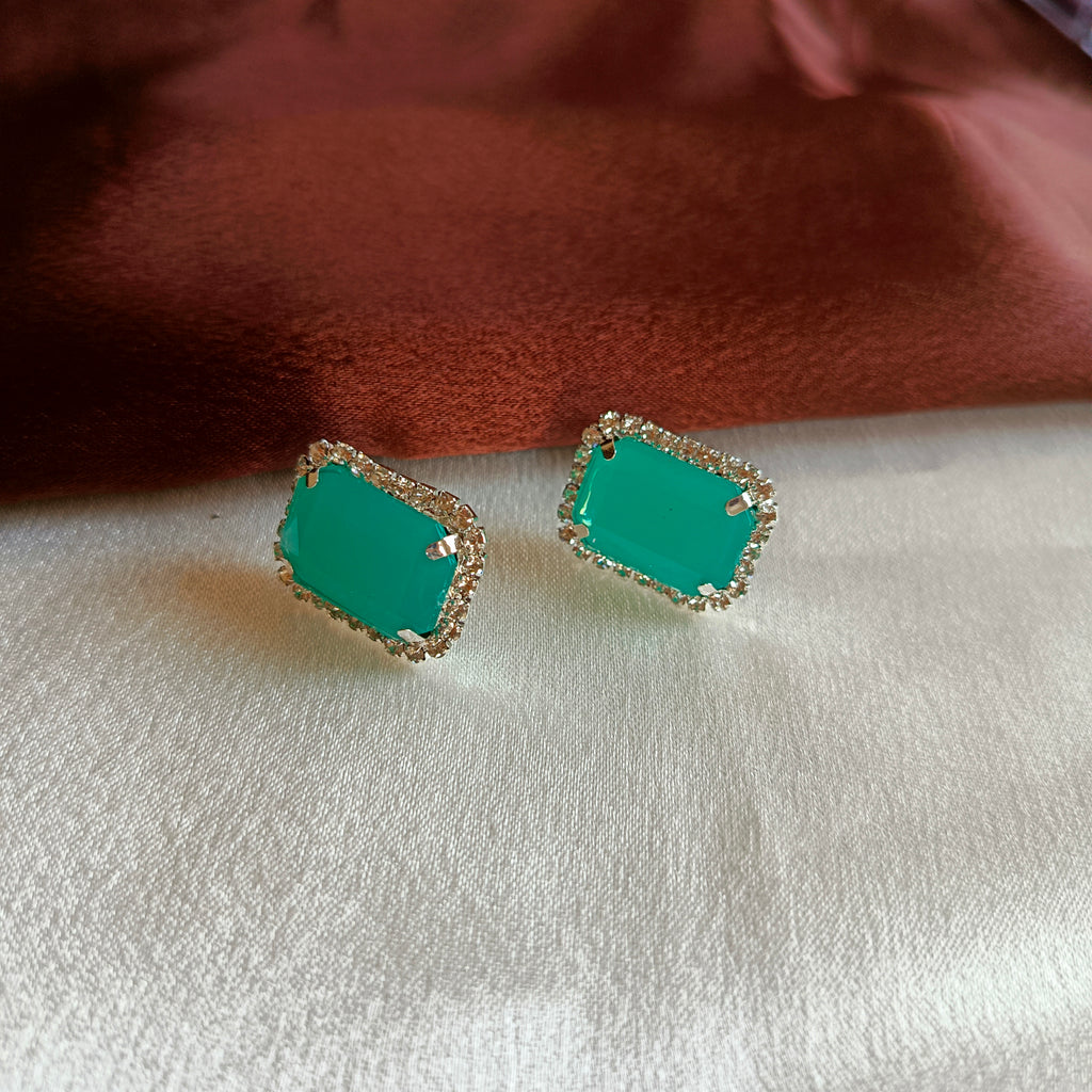 JJ Silver-Plated Emerald Green Stud Earrings Emerald-Cut Halo