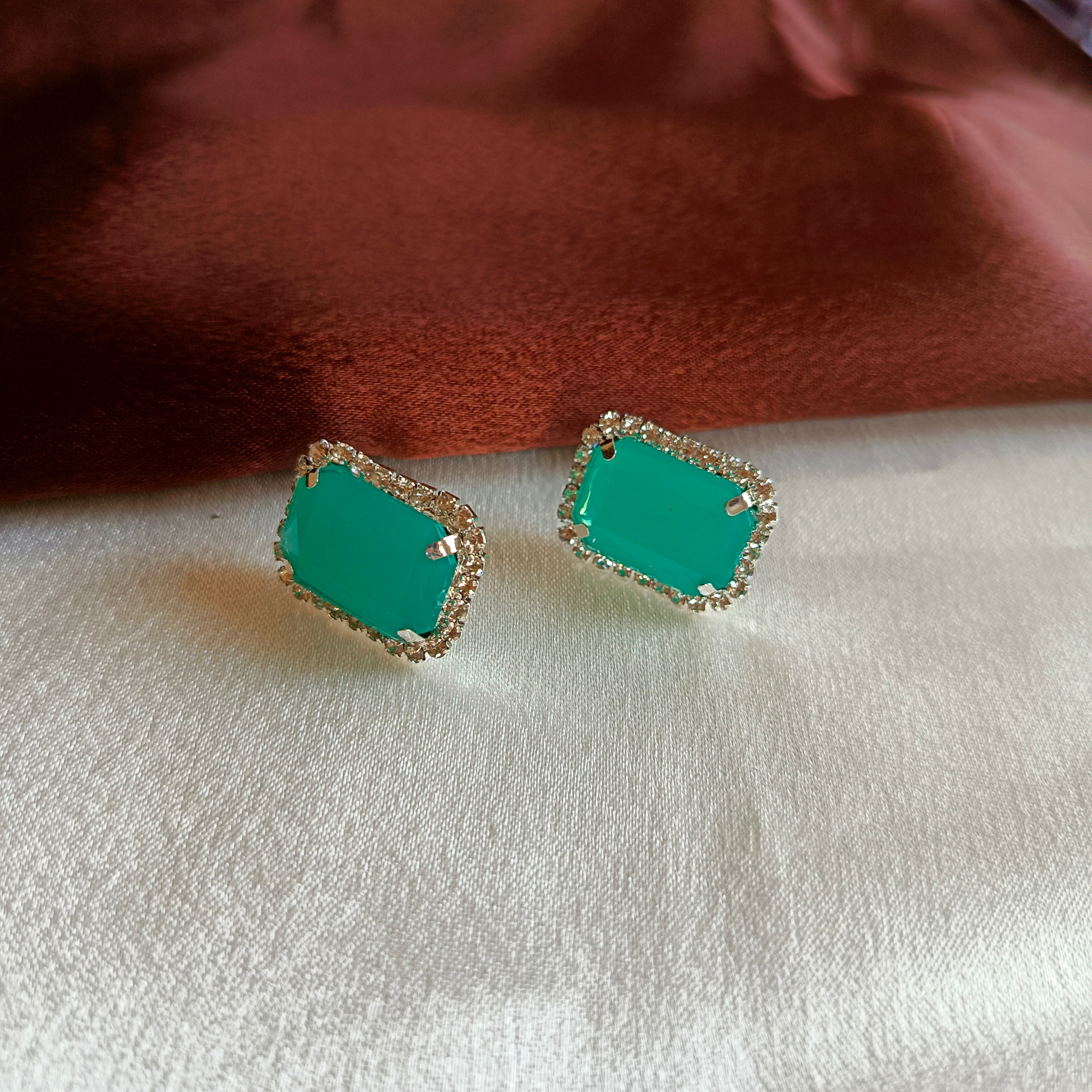 JJ Silver-Plated Emerald Green Stud Earrings Emerald-Cut Halo