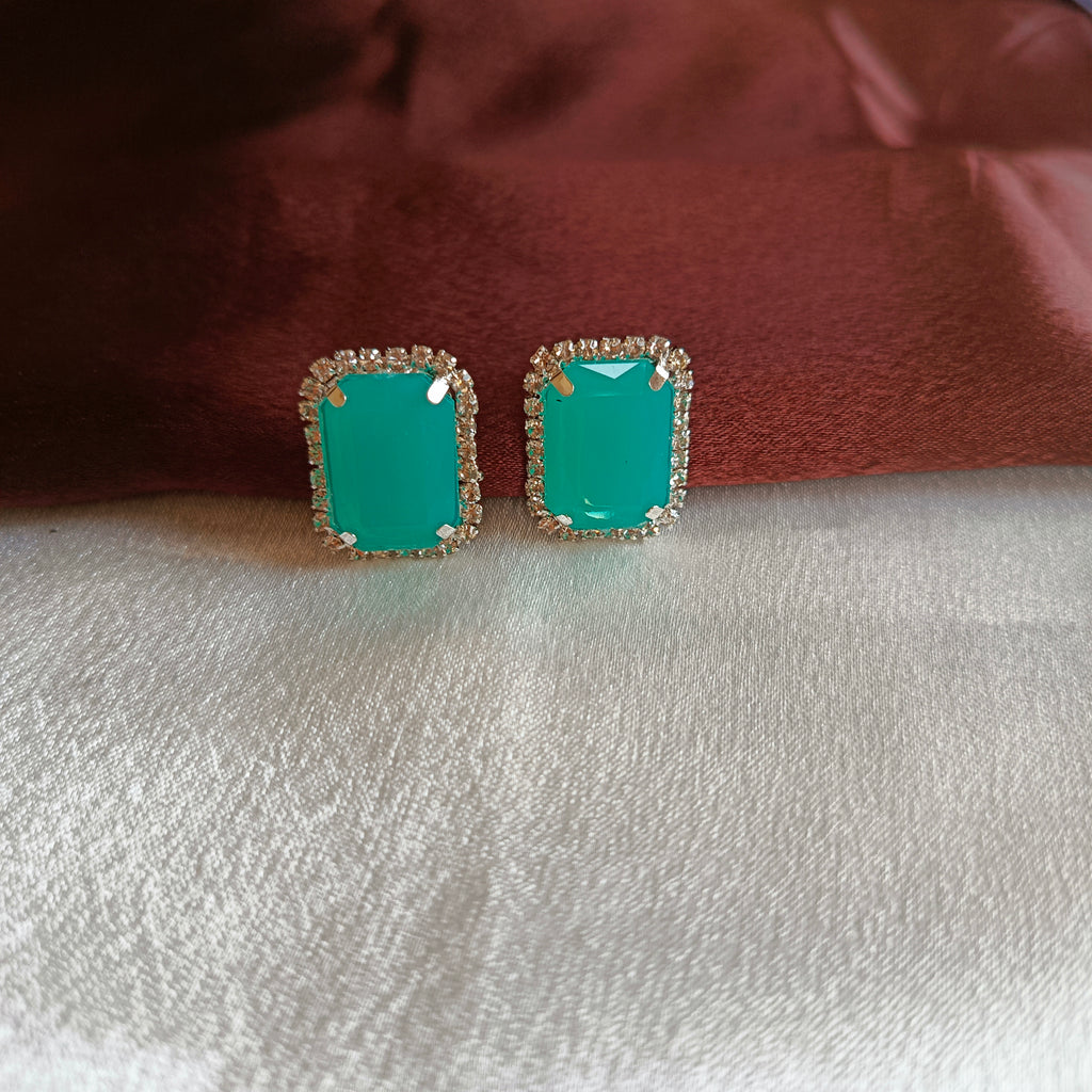 JJ Silver-Plated Emerald Green Stud Earrings Emerald-Cut Halo
