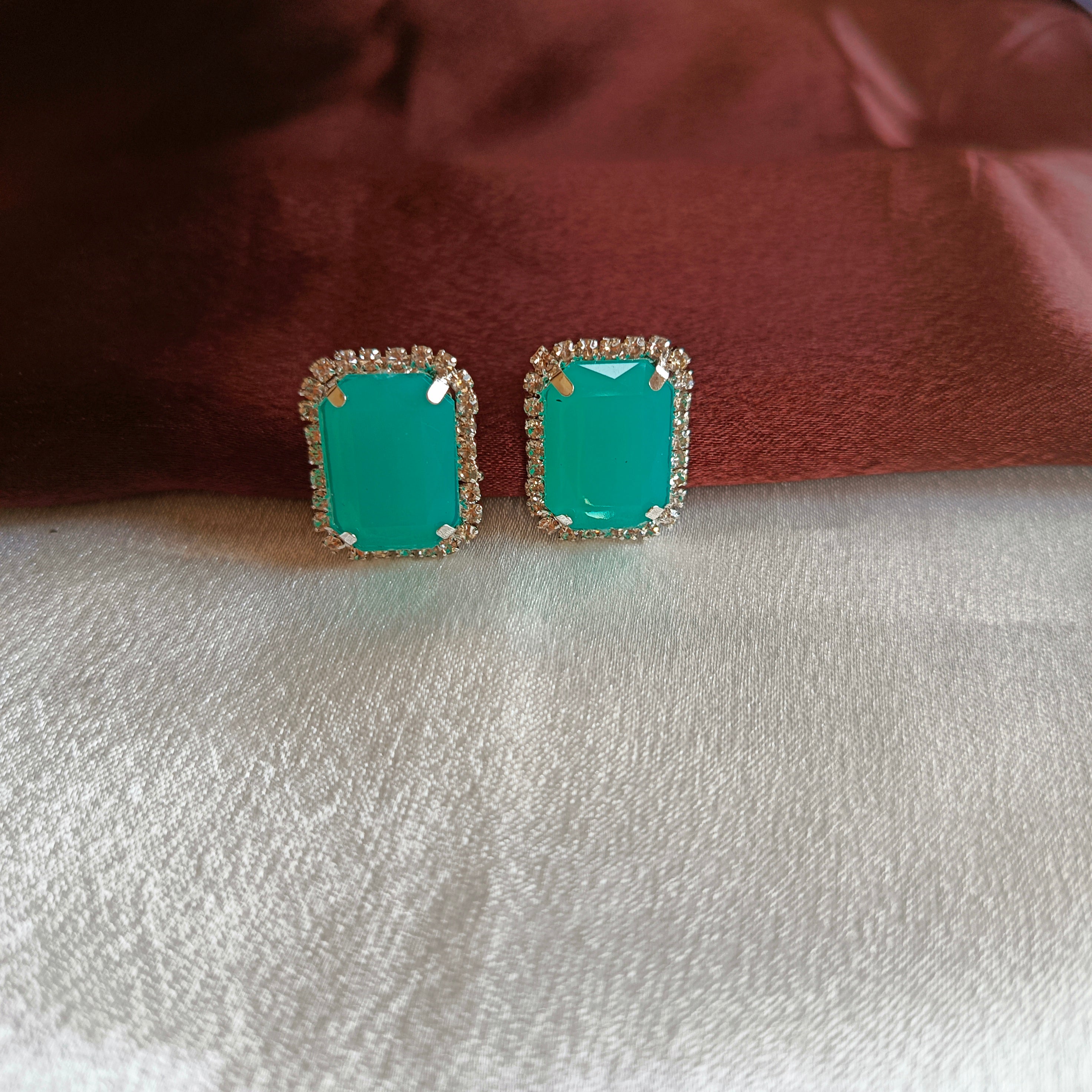 JJ Silver-Plated Emerald Green Stud Earrings Emerald-Cut Halo