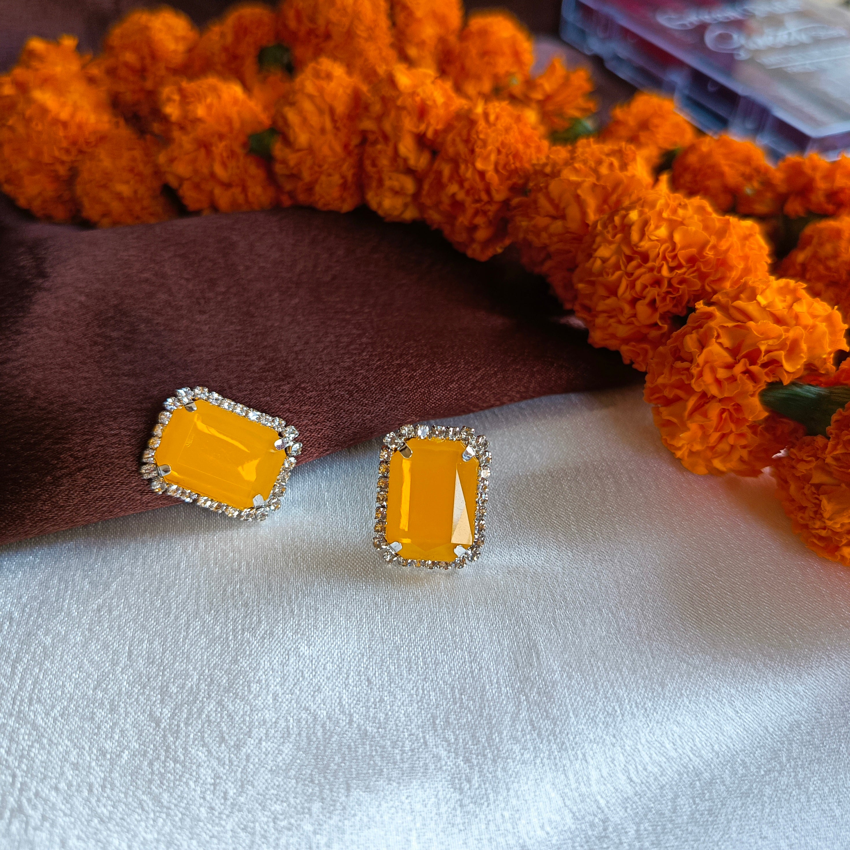 JJ Silver-Plated Emerald Green Stud Earrings Emerald-Cut Halo