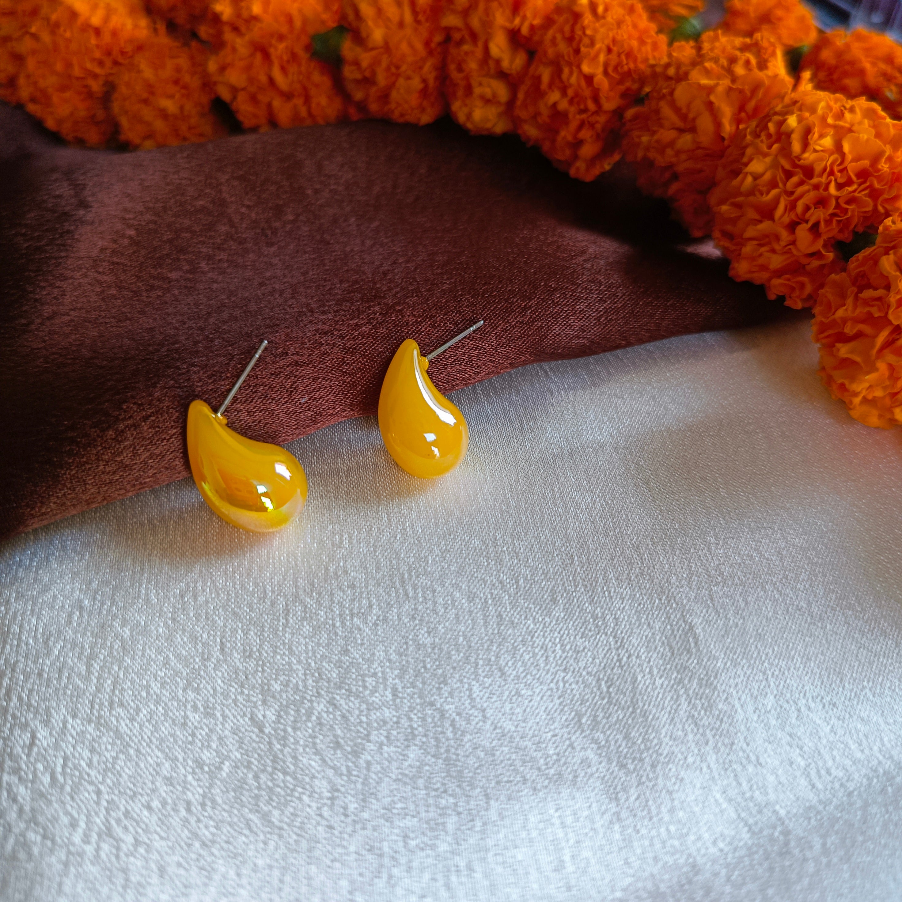 JJ Mustard Enamel Stud Earrings Teardrop Paisley