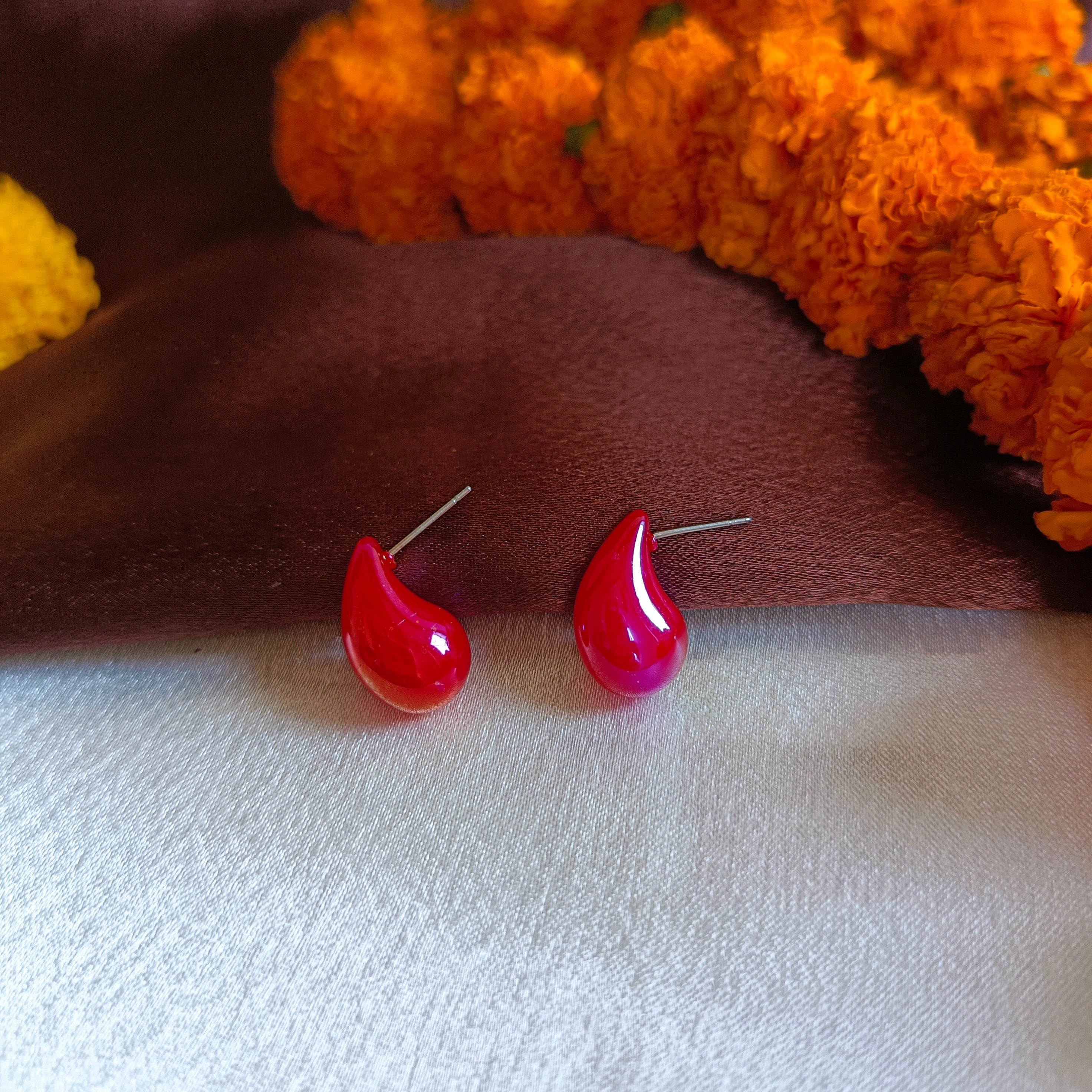 JJ Mustard Enamel Stud Earrings Teardrop Paisley