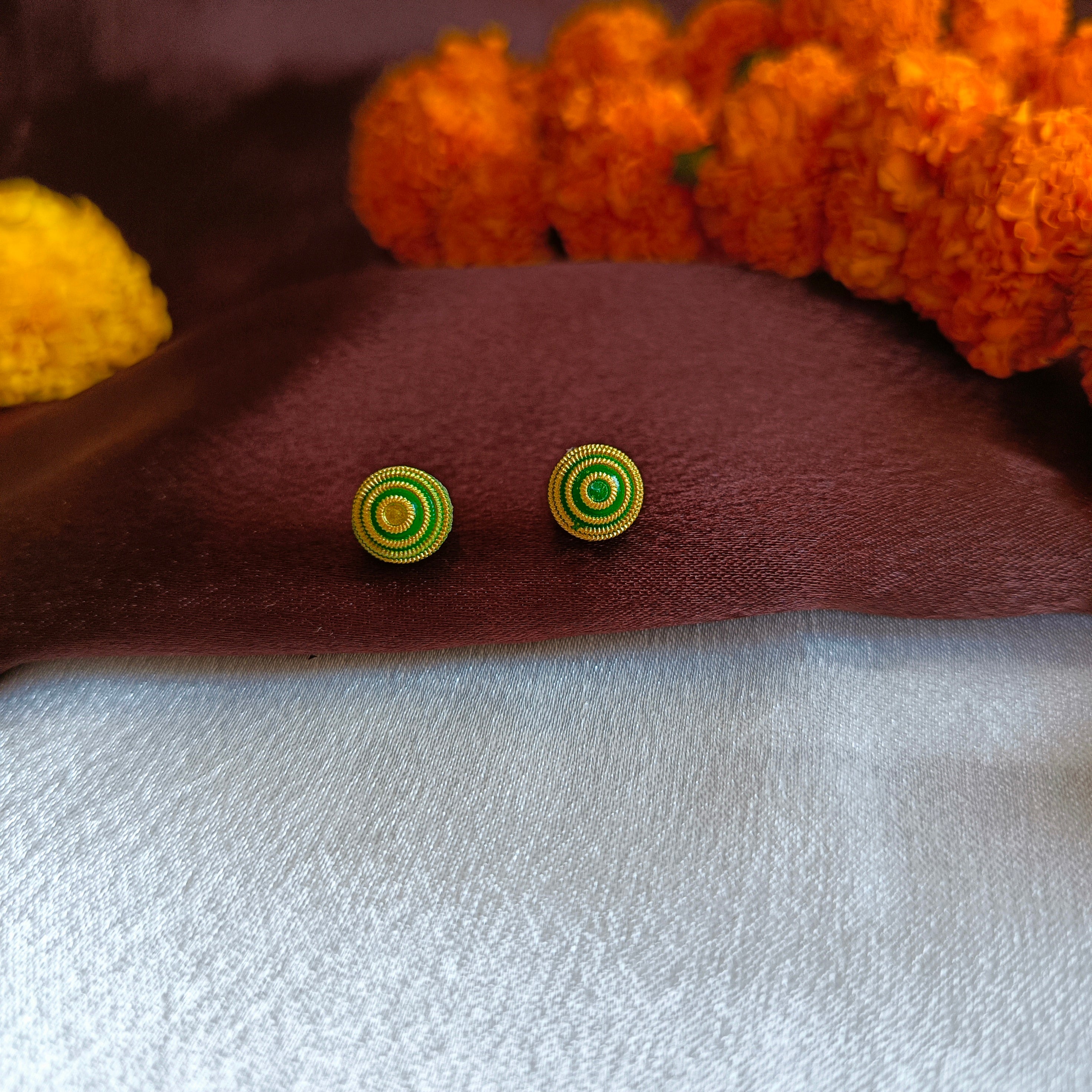 JJ Meenakari Green-Gold Stud Earrings Spiral Dome