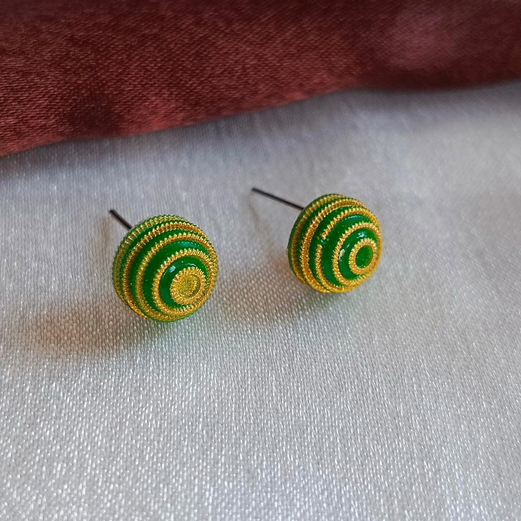JJ Meenakari Green-Gold Stud Earrings Spiral Dome