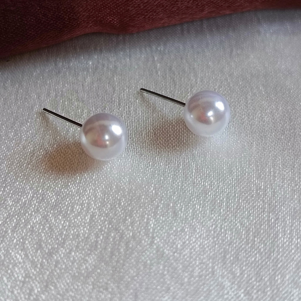 JJ Silver-Plated White Pearl Stud Earrings Classic Round