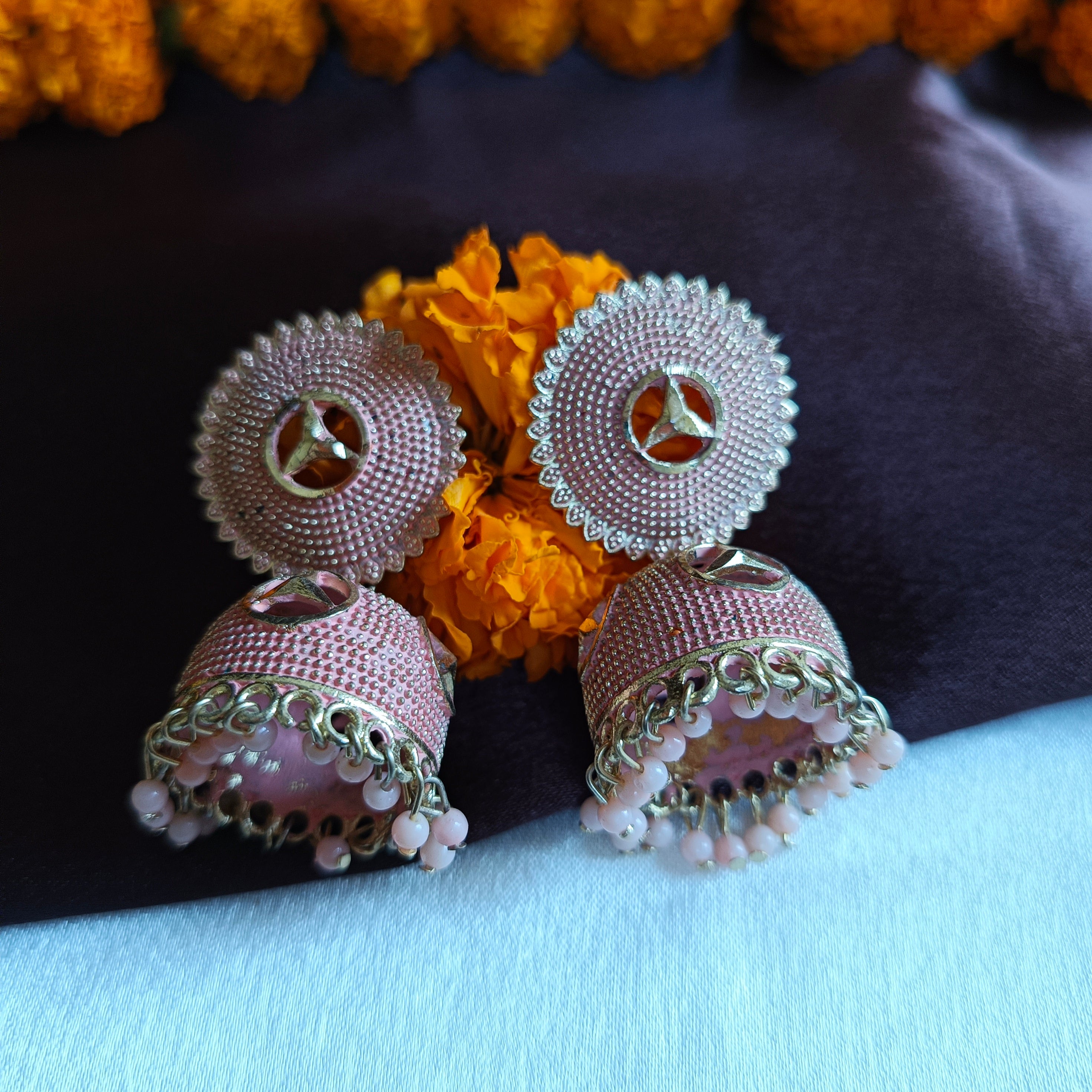 JJ Gold‑Tone Peach Jhumka Earrings Textured Dome