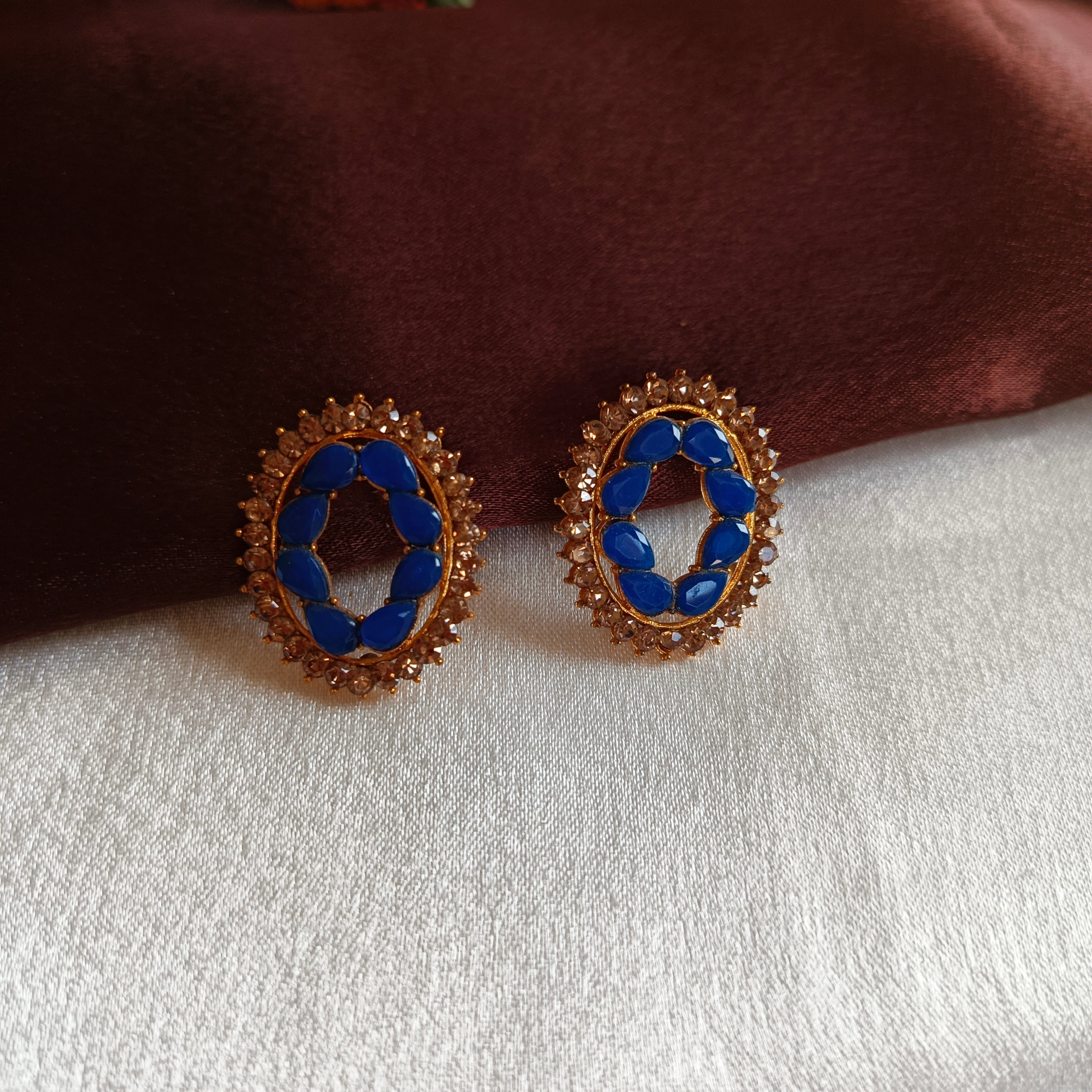 JJ Gold‑Tone Royal Blue Stud Earrings Oval Halo