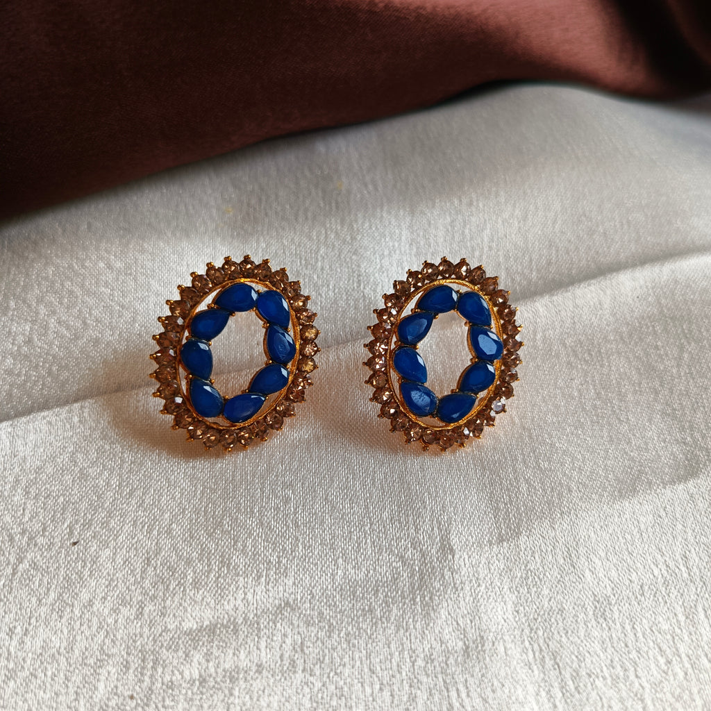 JJ Gold‑Tone Royal Blue Stud Earrings Oval Halo