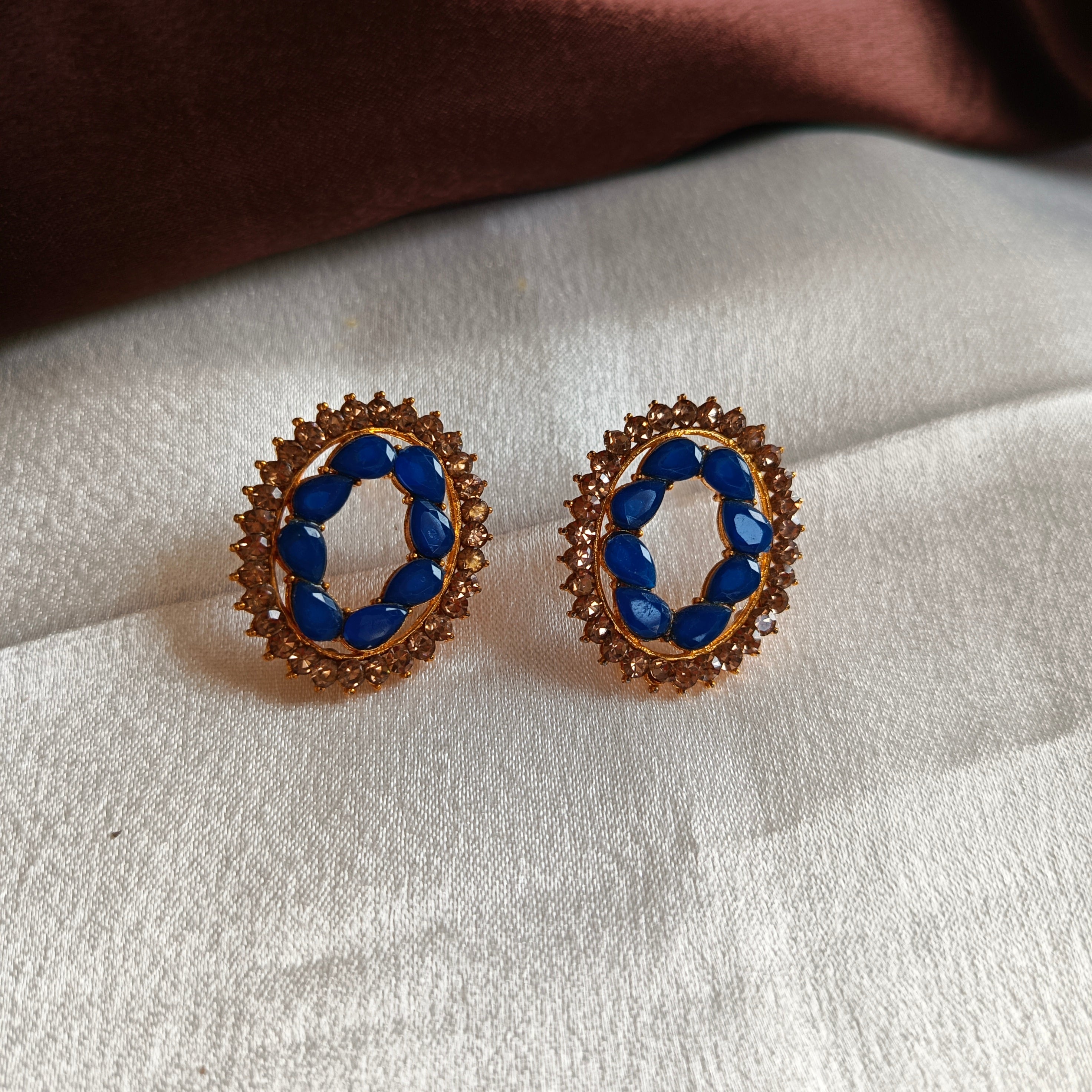 JJ Gold‑Tone Royal Blue Stud Earrings Oval Halo