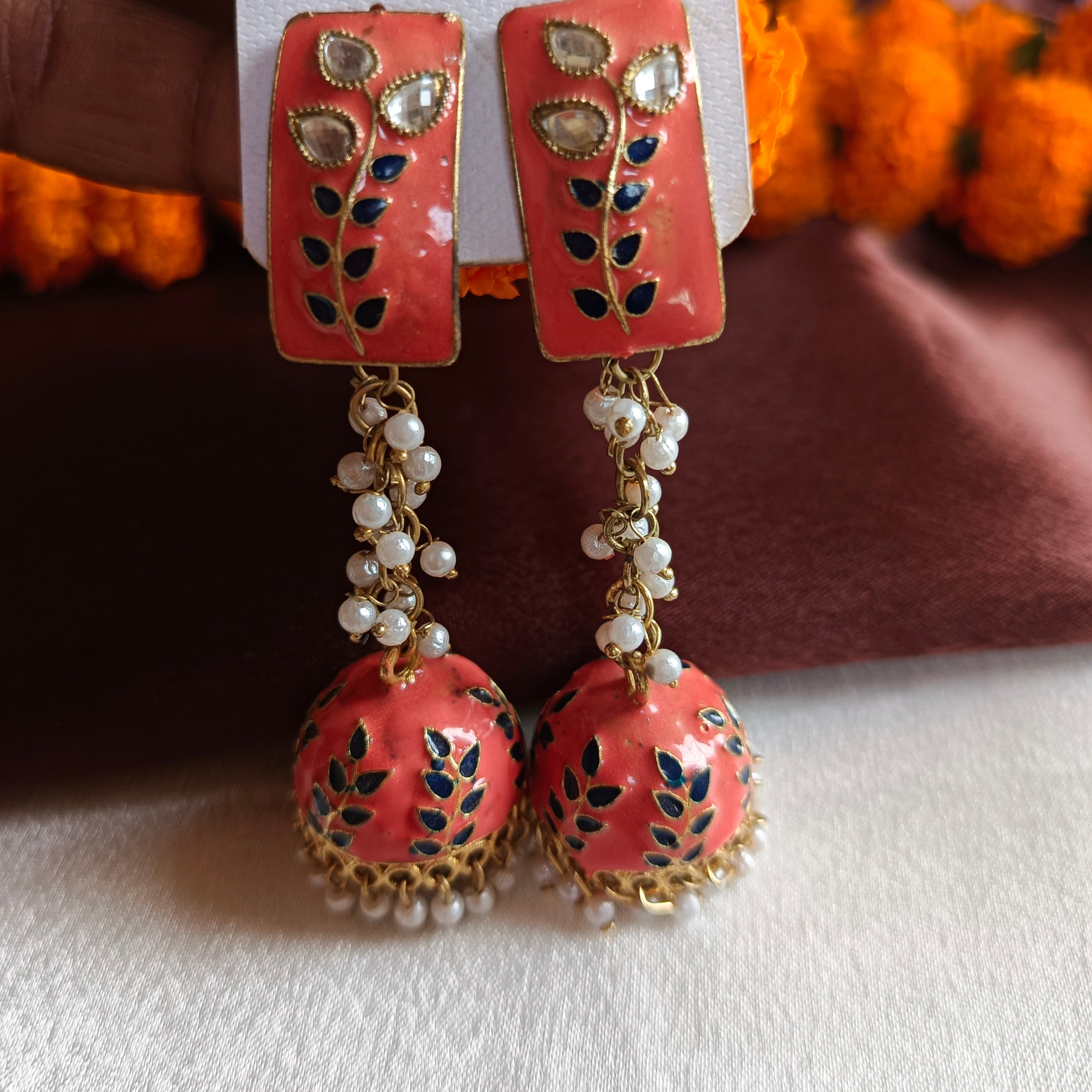 JJ Gold‑Tone Coral Meenakari Jhumka Earrings Kundan Vine