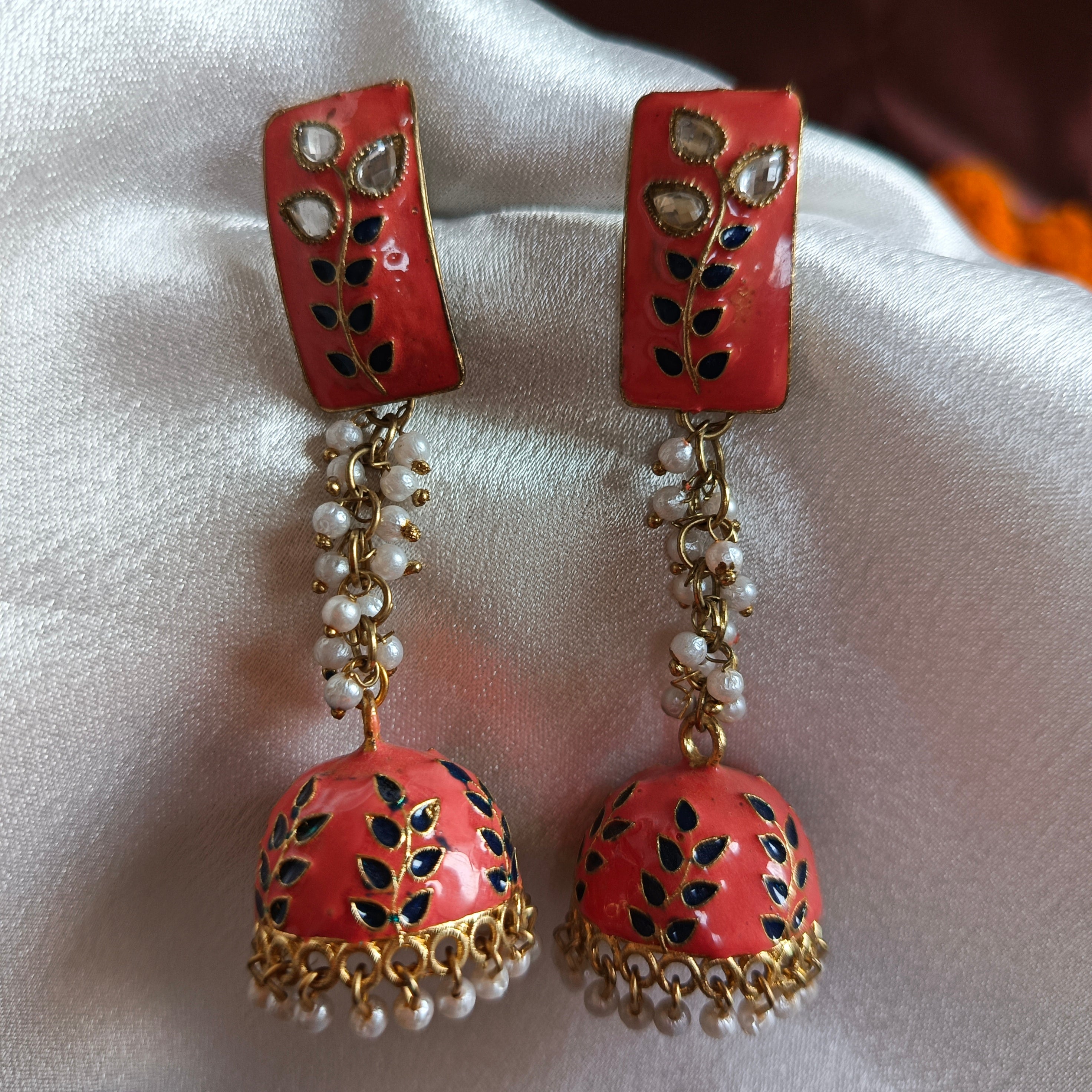 JJ Gold‑Tone Coral Meenakari Jhumka Earrings Kundan Vine