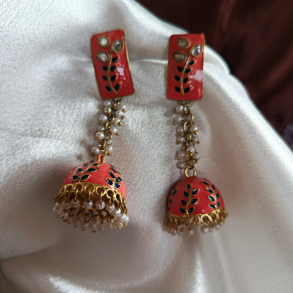 JJ Gold‑Tone Coral Meenakari Jhumka Earrings Kundan Vine