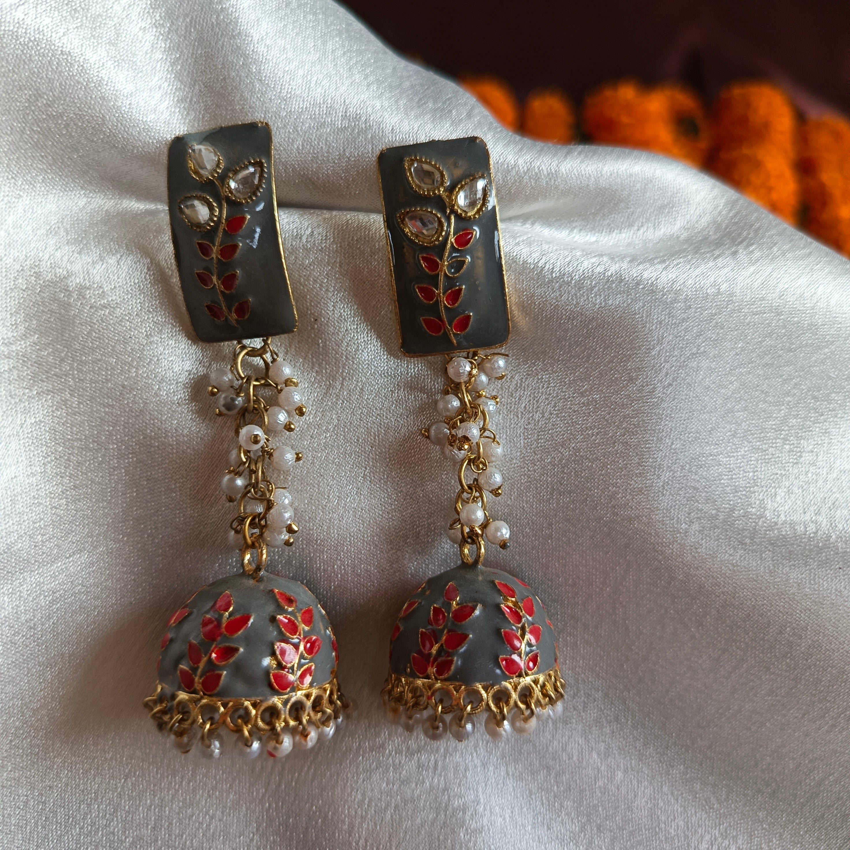JJ Gold‑Tone Coral Meenakari Jhumka Earrings Kundan Vine