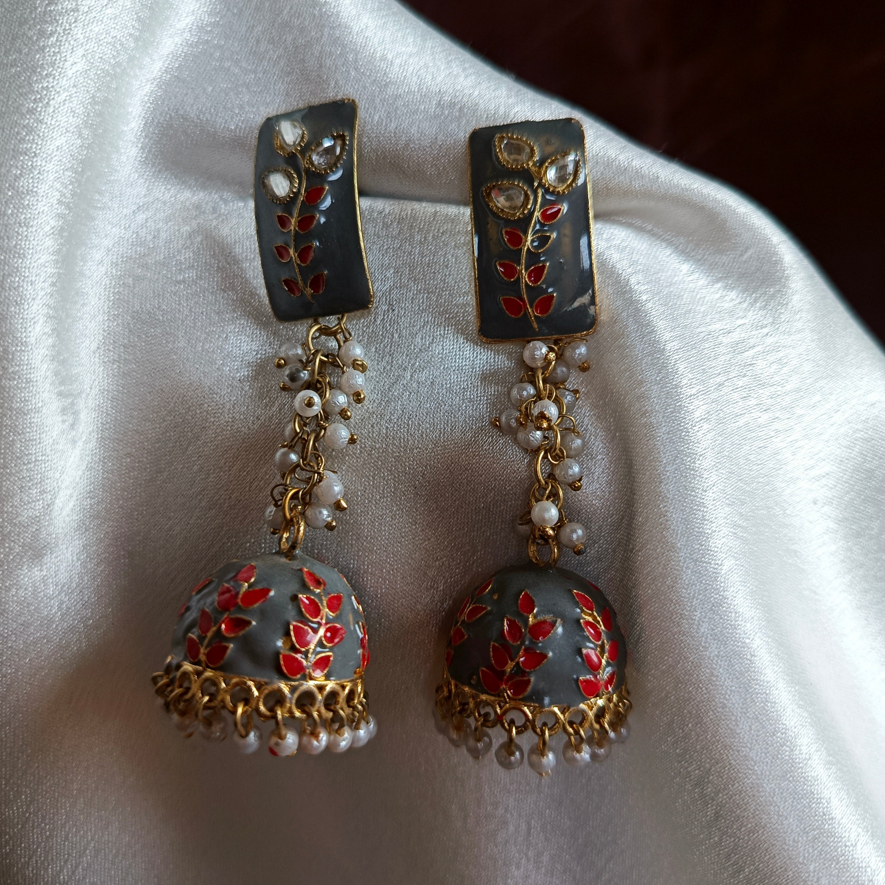 JJ Gold‑Tone Coral Meenakari Jhumka Earrings Kundan Vine