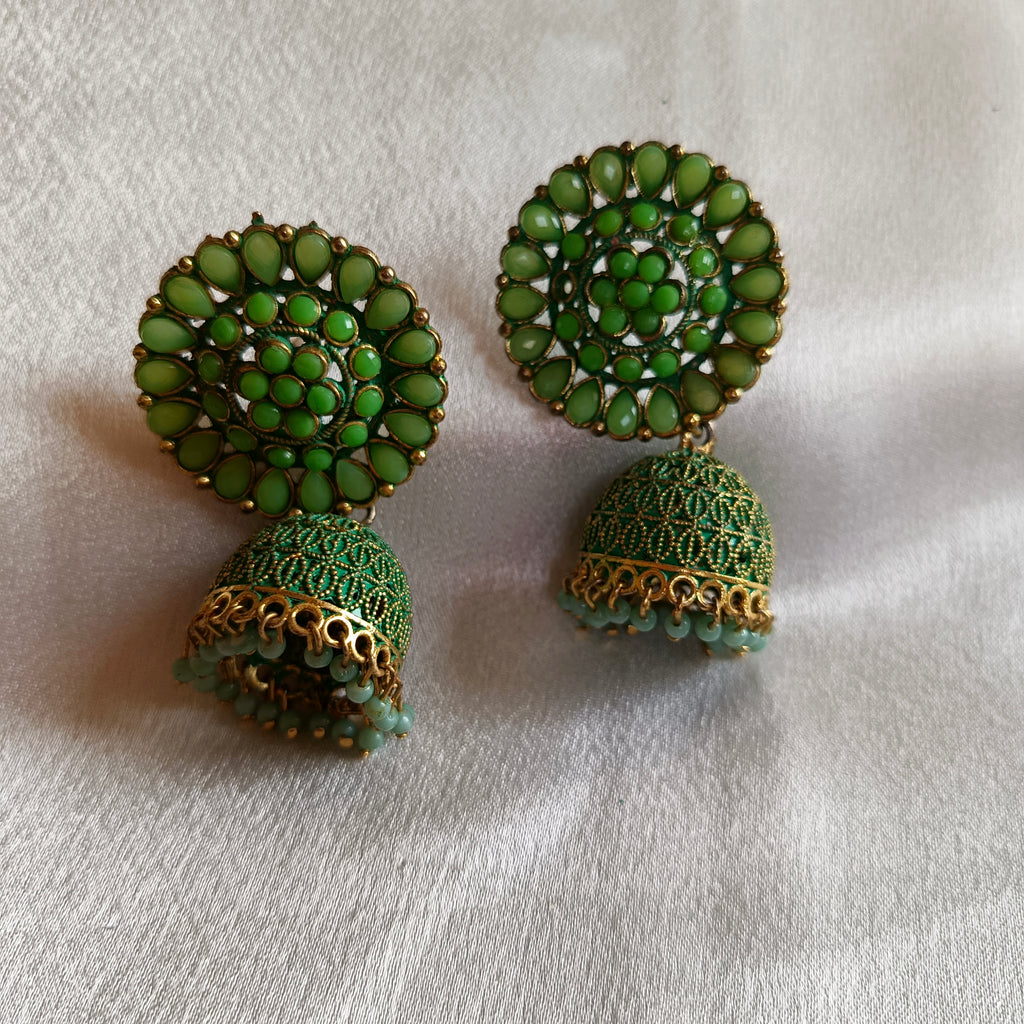 JJ Gold‑Tone Green Jhumka Earrings Floral Chakra