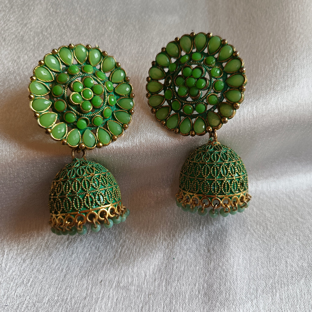 JJ Gold‑Tone Green Jhumka Earrings Floral Chakra