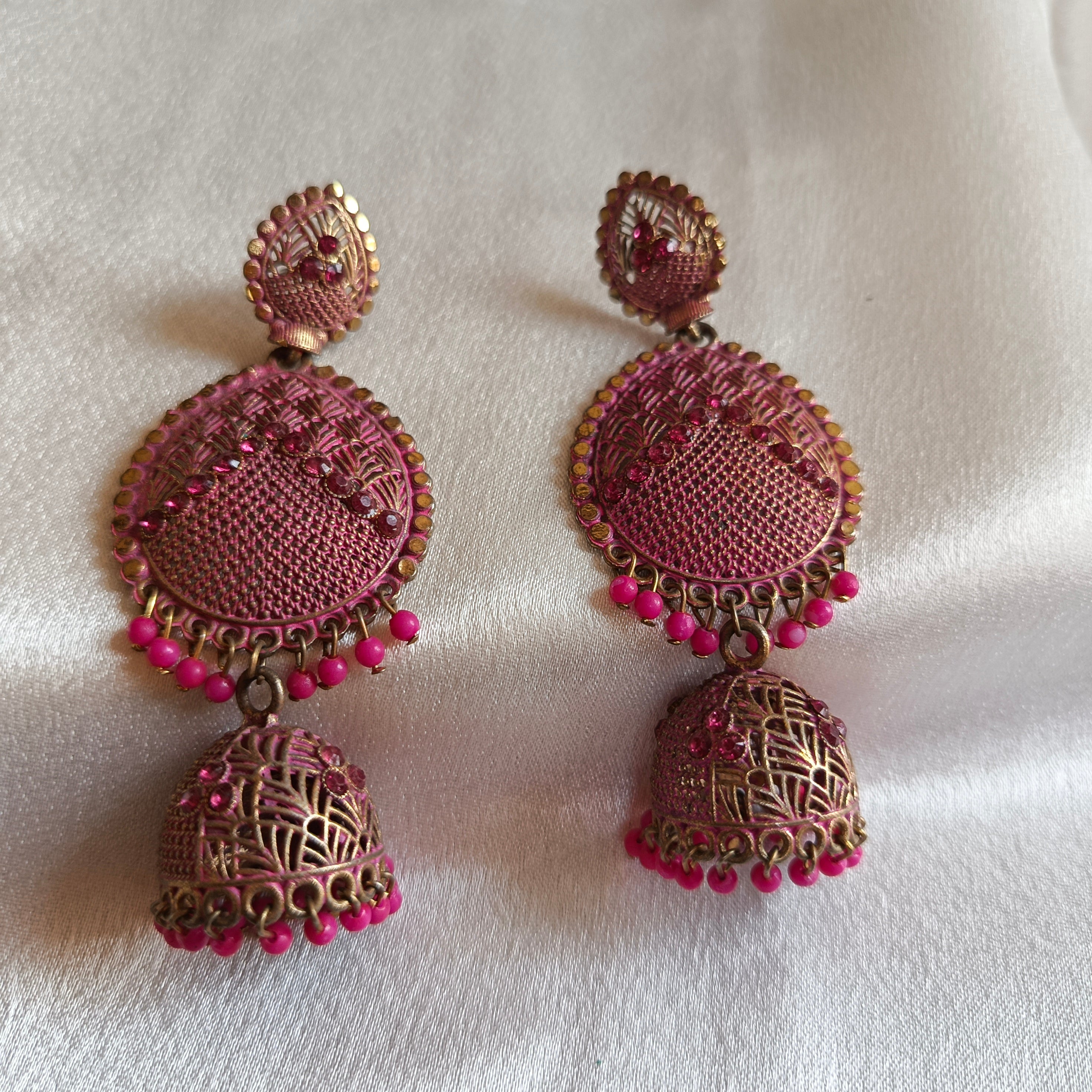 JJ Antique Gold pink Fuchsia Jhumka Earrings Etched Filigree