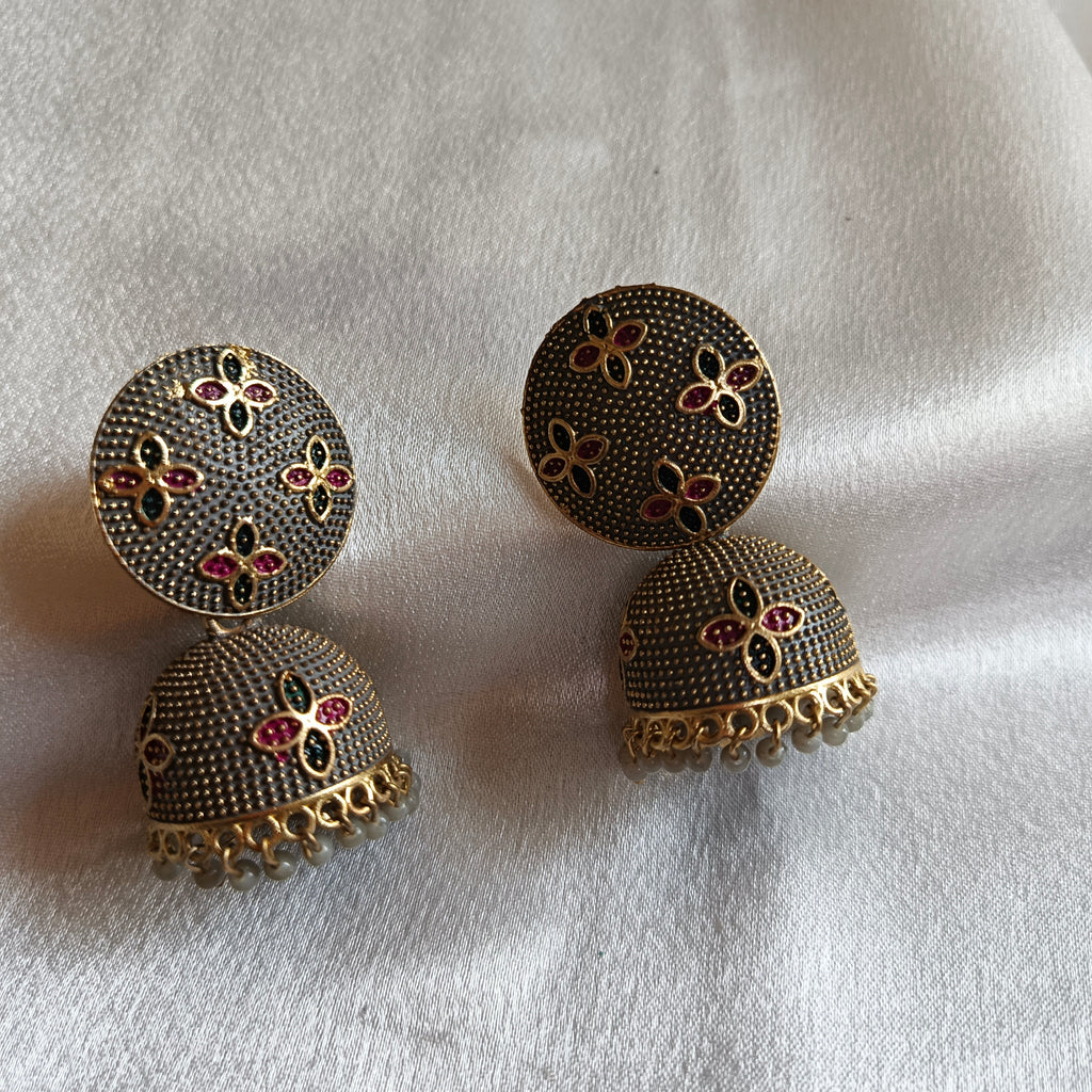 JJ Oxidised Silver Grey Jhumka Earrings Floral Motif