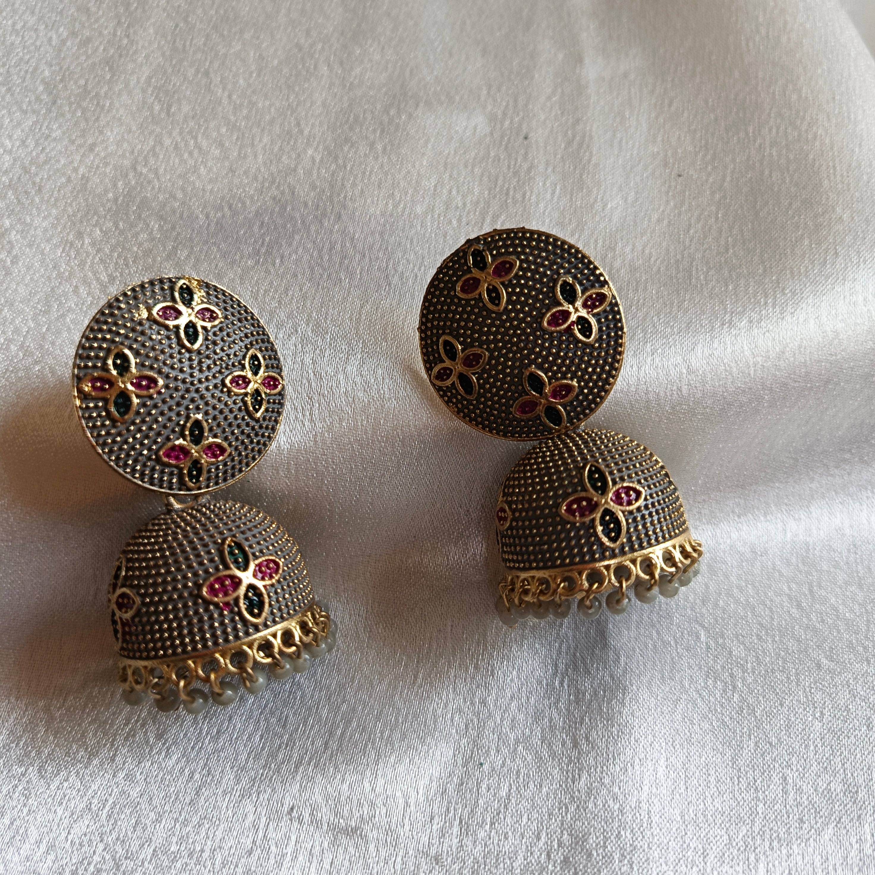 JJ Oxidised Silver Grey Jhumka Earrings Floral Motif