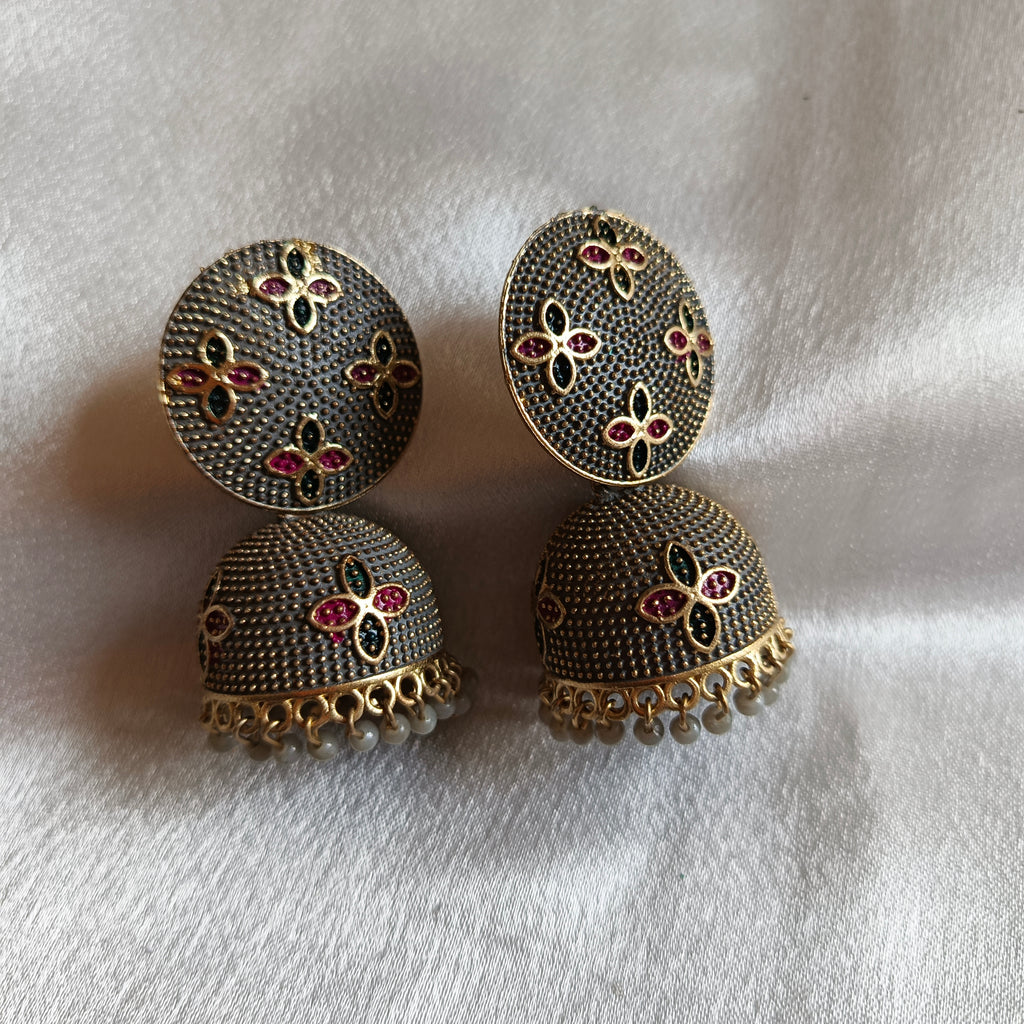 JJ Oxidised Silver Grey Jhumka Earrings Floral Motif