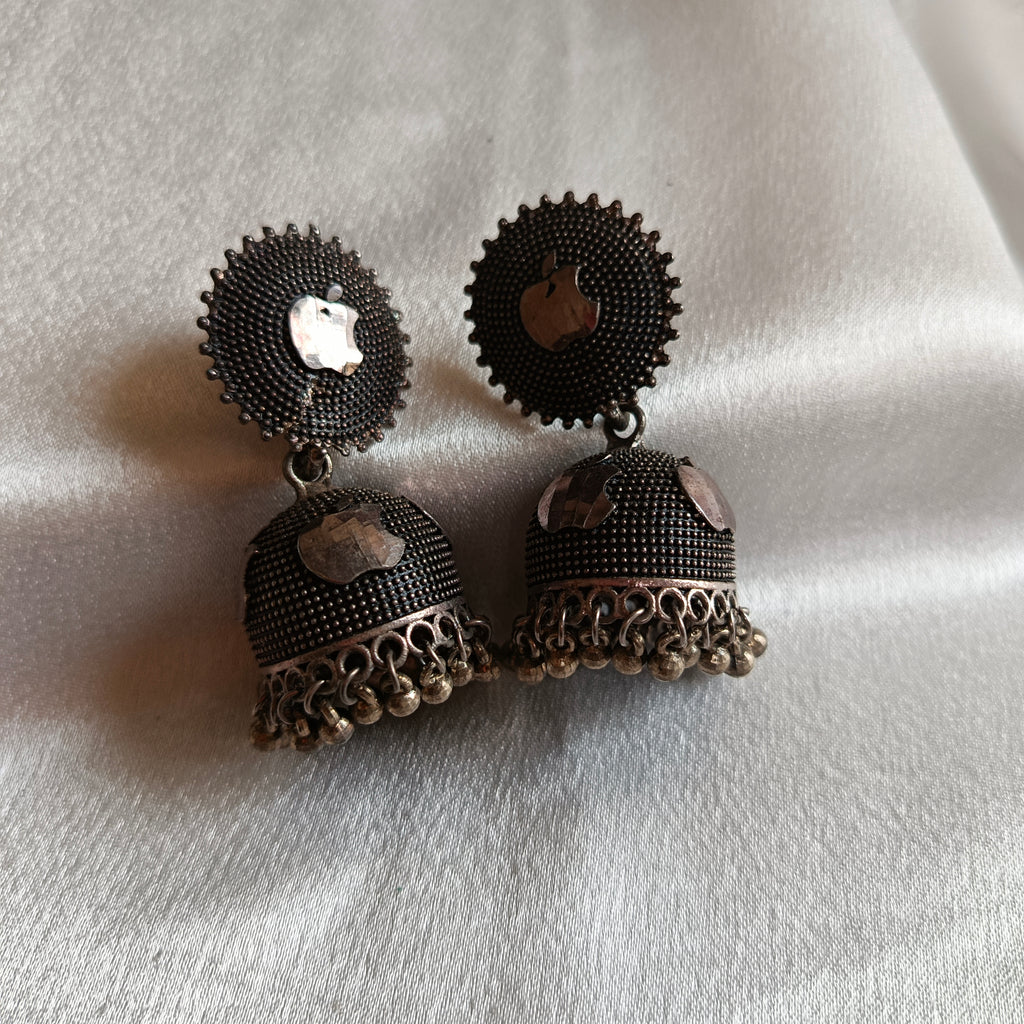 JJ Oxidised Silver Jhumka Earrings Mirror Motif