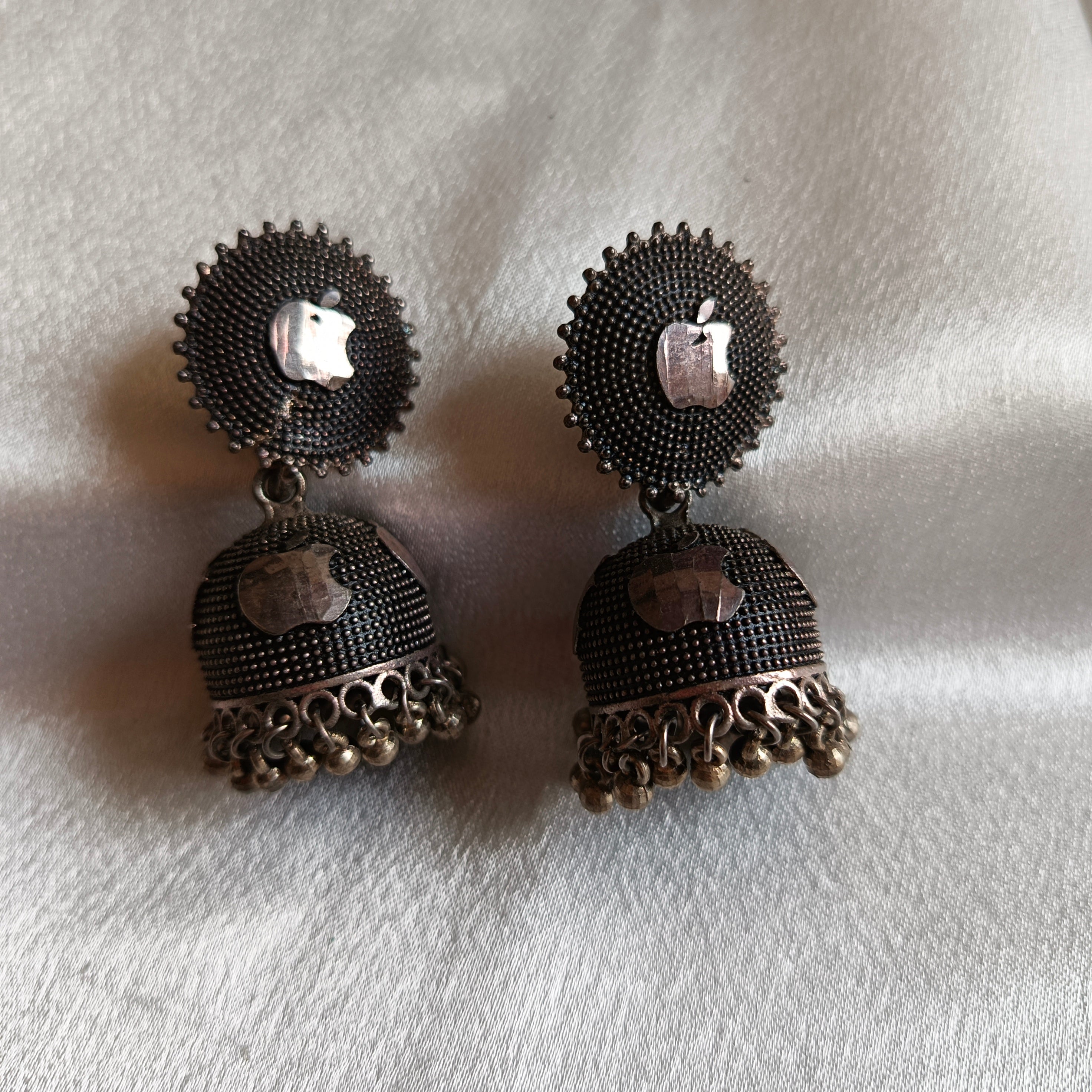 JJ Oxidised Silver Jhumka Earrings Mirror Motif