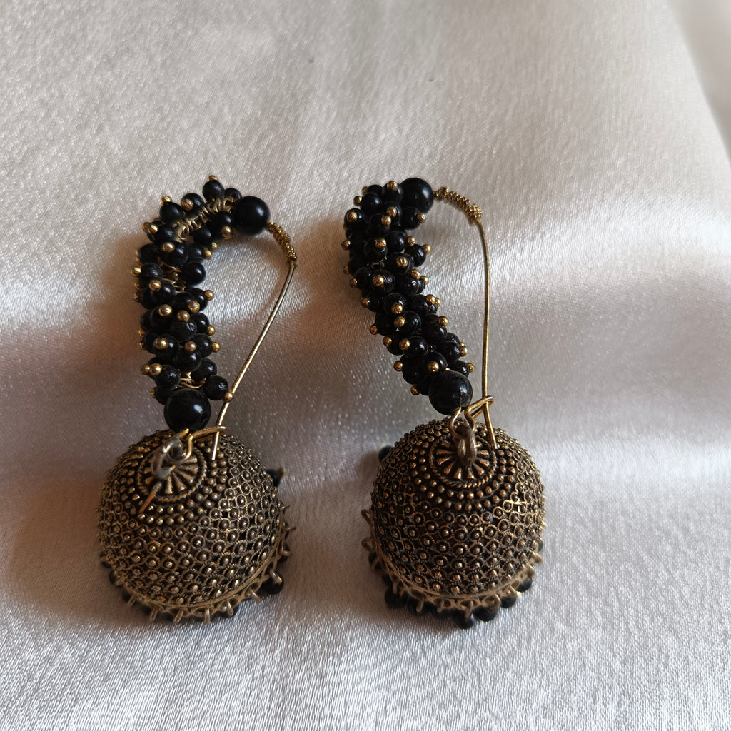 JJ Antique Gold Jhumka Earrings Black Bead Hoop