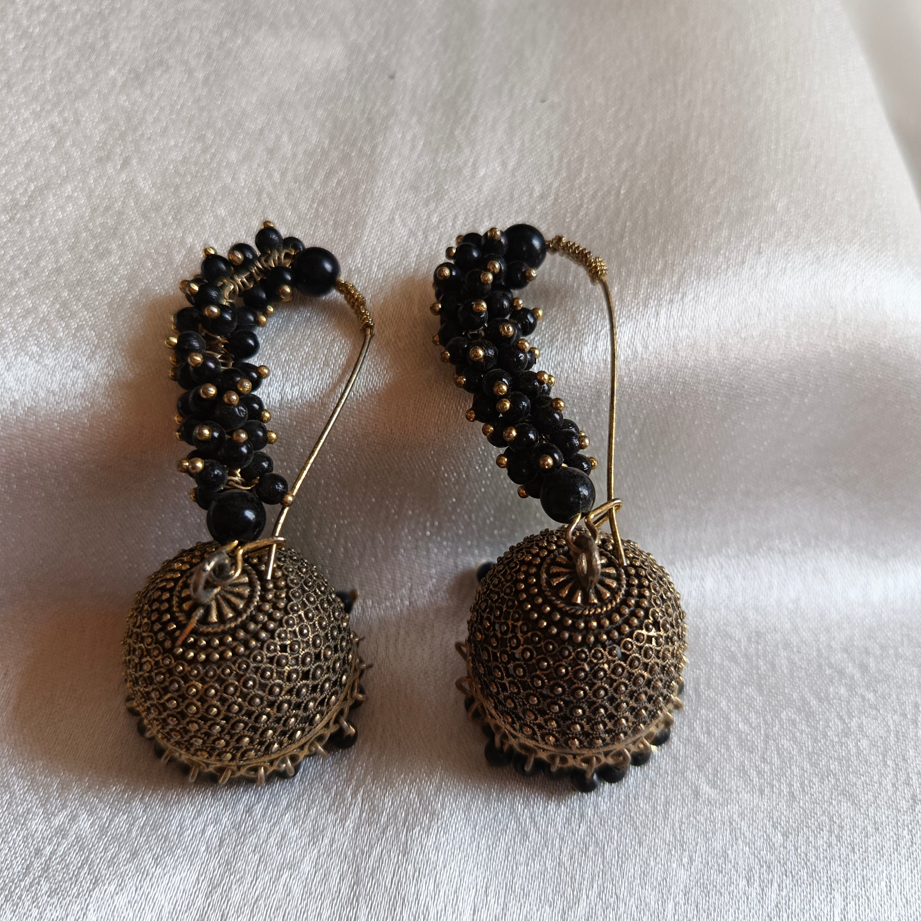 JJ Antique Gold Jhumka Earrings Black Bead Hoop